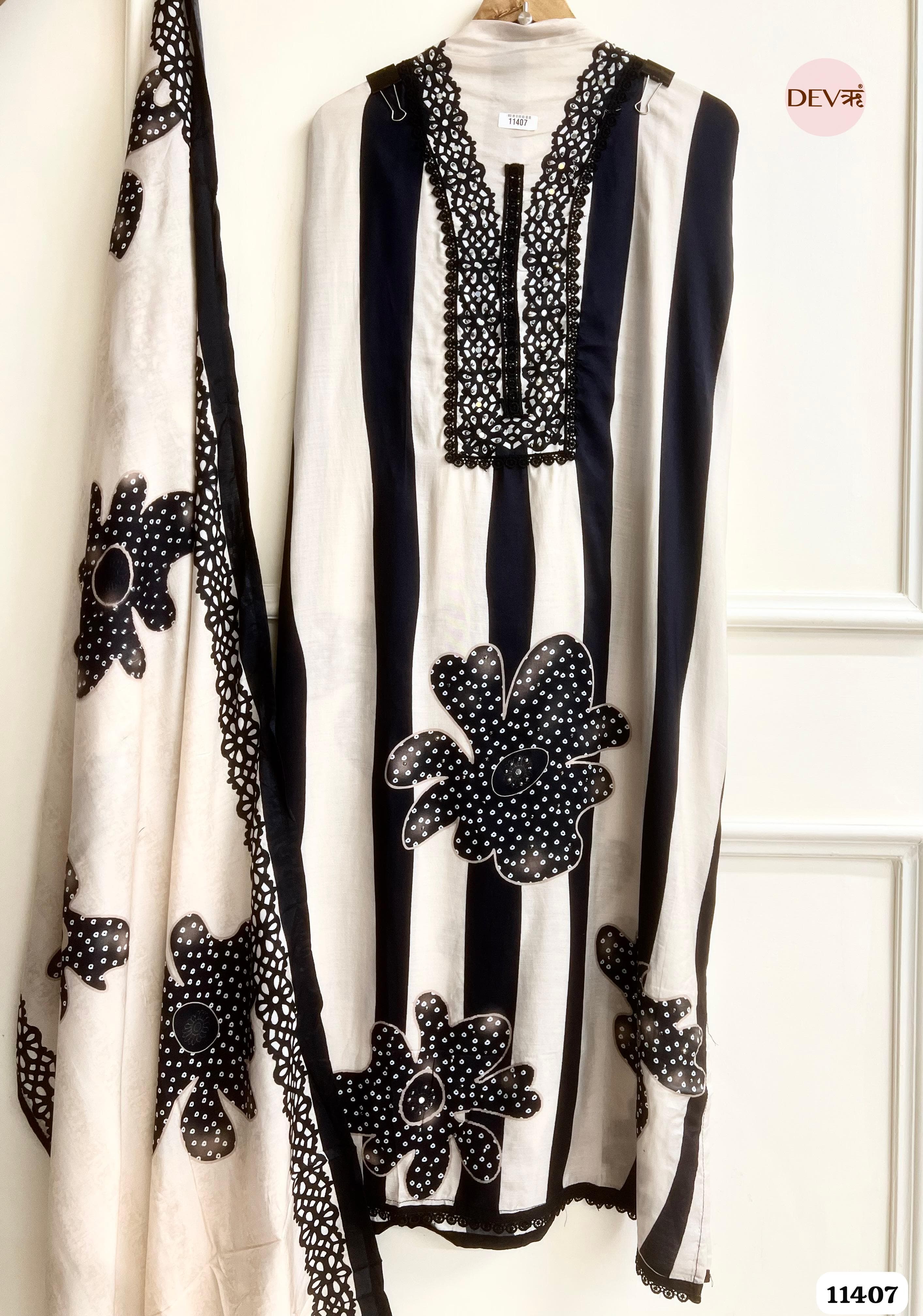 Classic Black And White Muslin Semi Stitched Printed Hand Embroidered -Set Of 3 {11407}