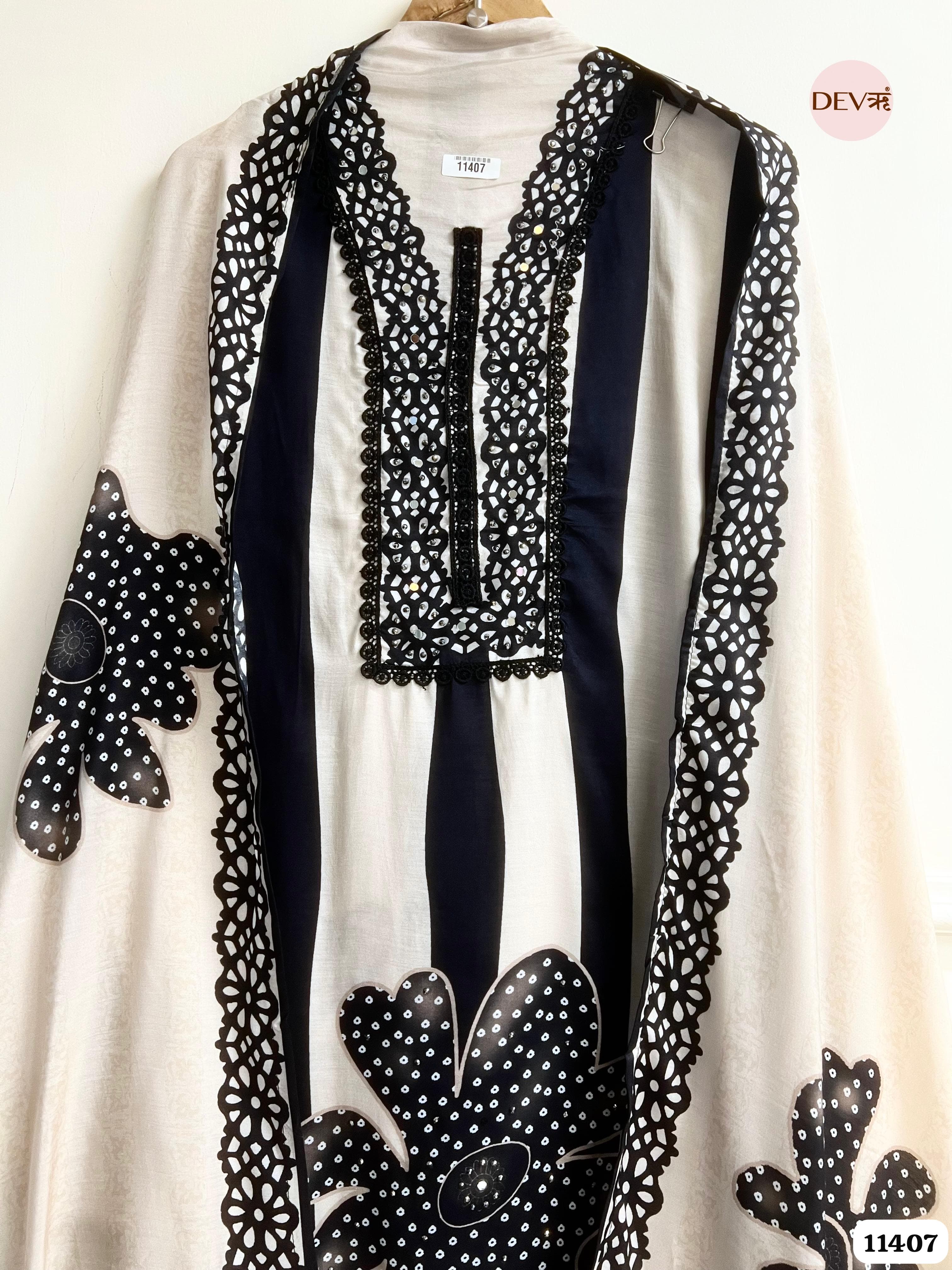 Classic Black And White Muslin Semi Stitched Printed Hand Embroidered -Set Of 3 {11407}