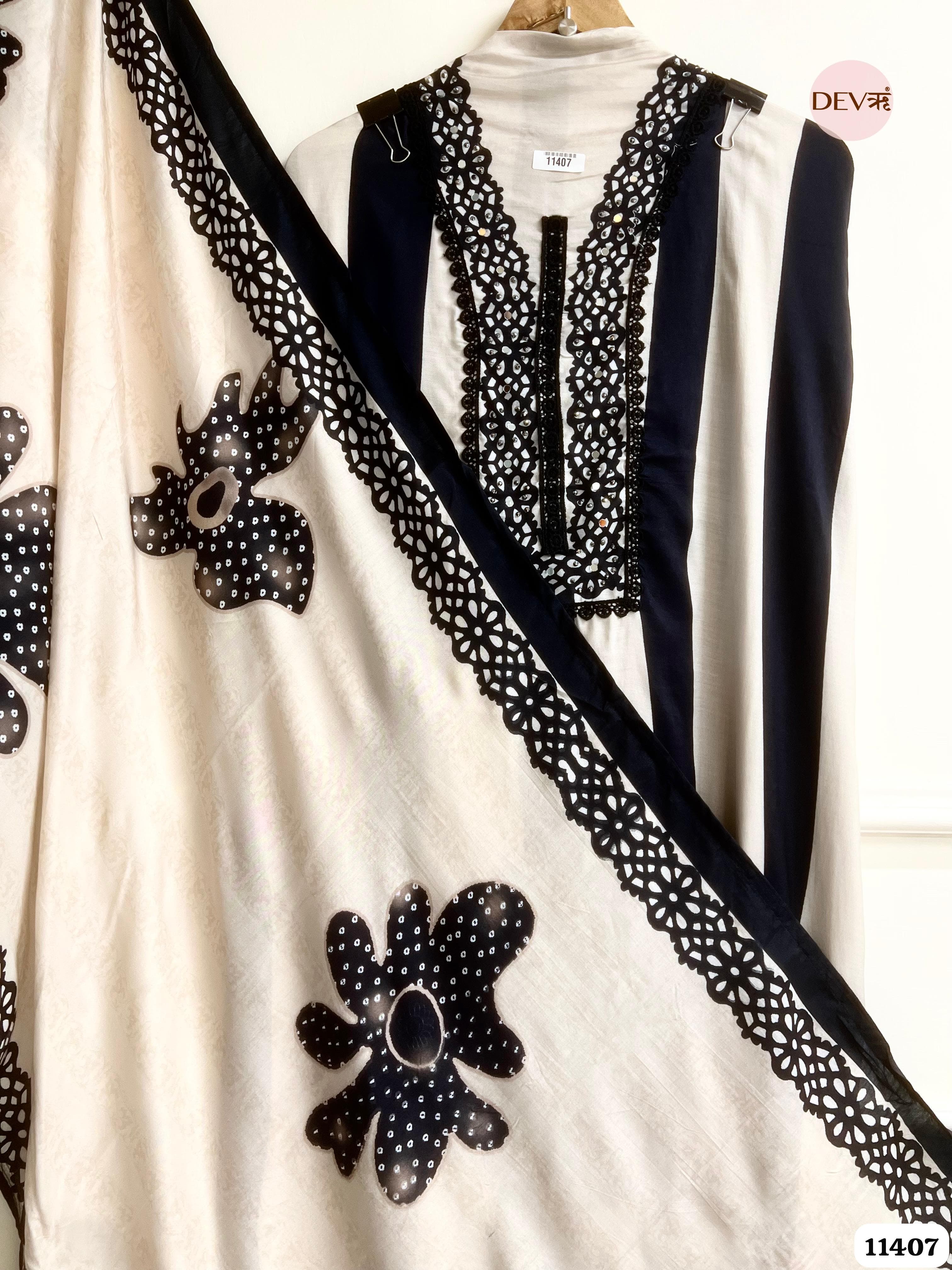 Classic Black And White Muslin Semi Stitched Printed Hand Embroidered -Set Of 3 {11407}