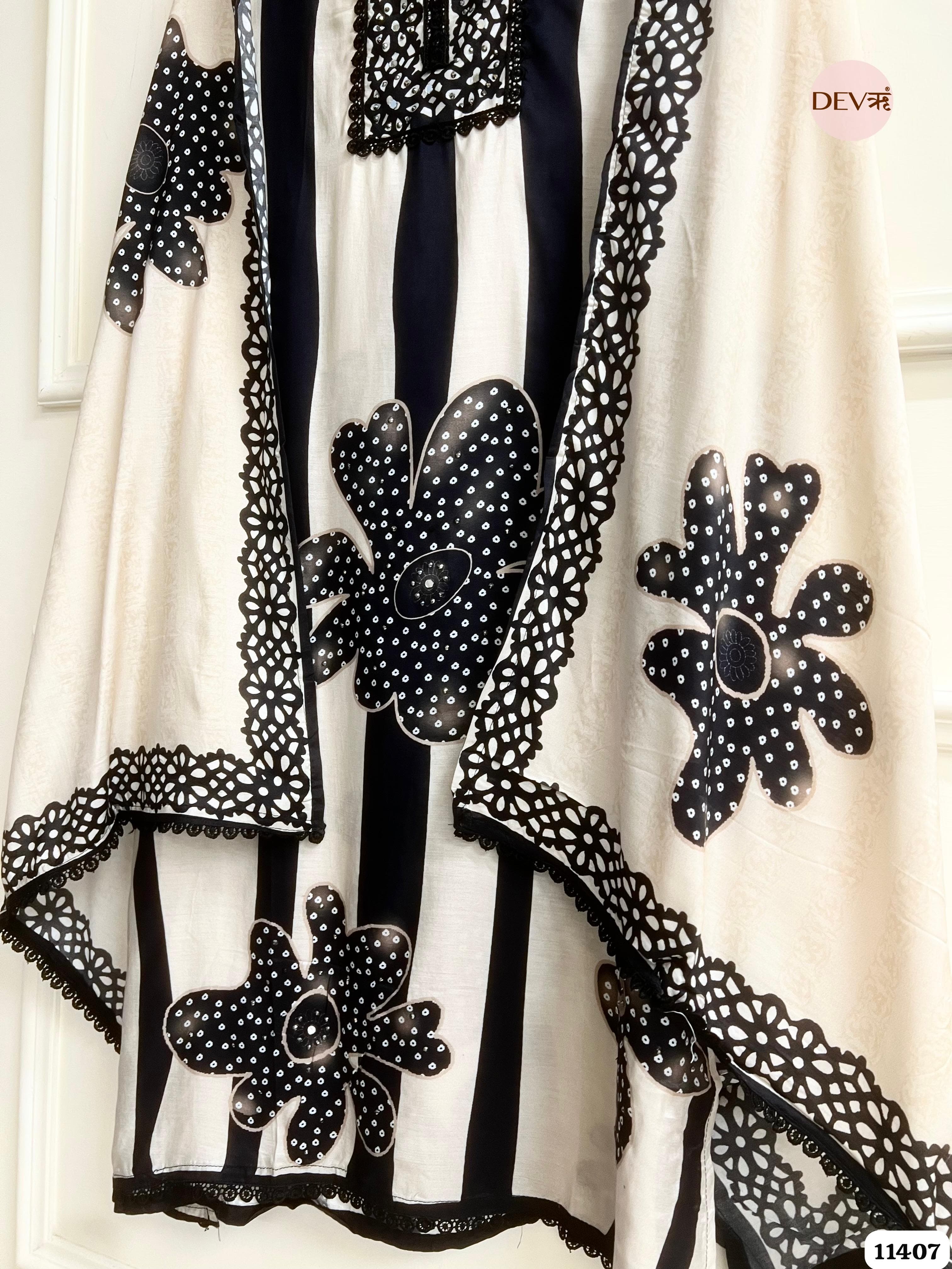 Classic Black And White Muslin Semi Stitched Printed Hand Embroidered -Set Of 3 {11407}