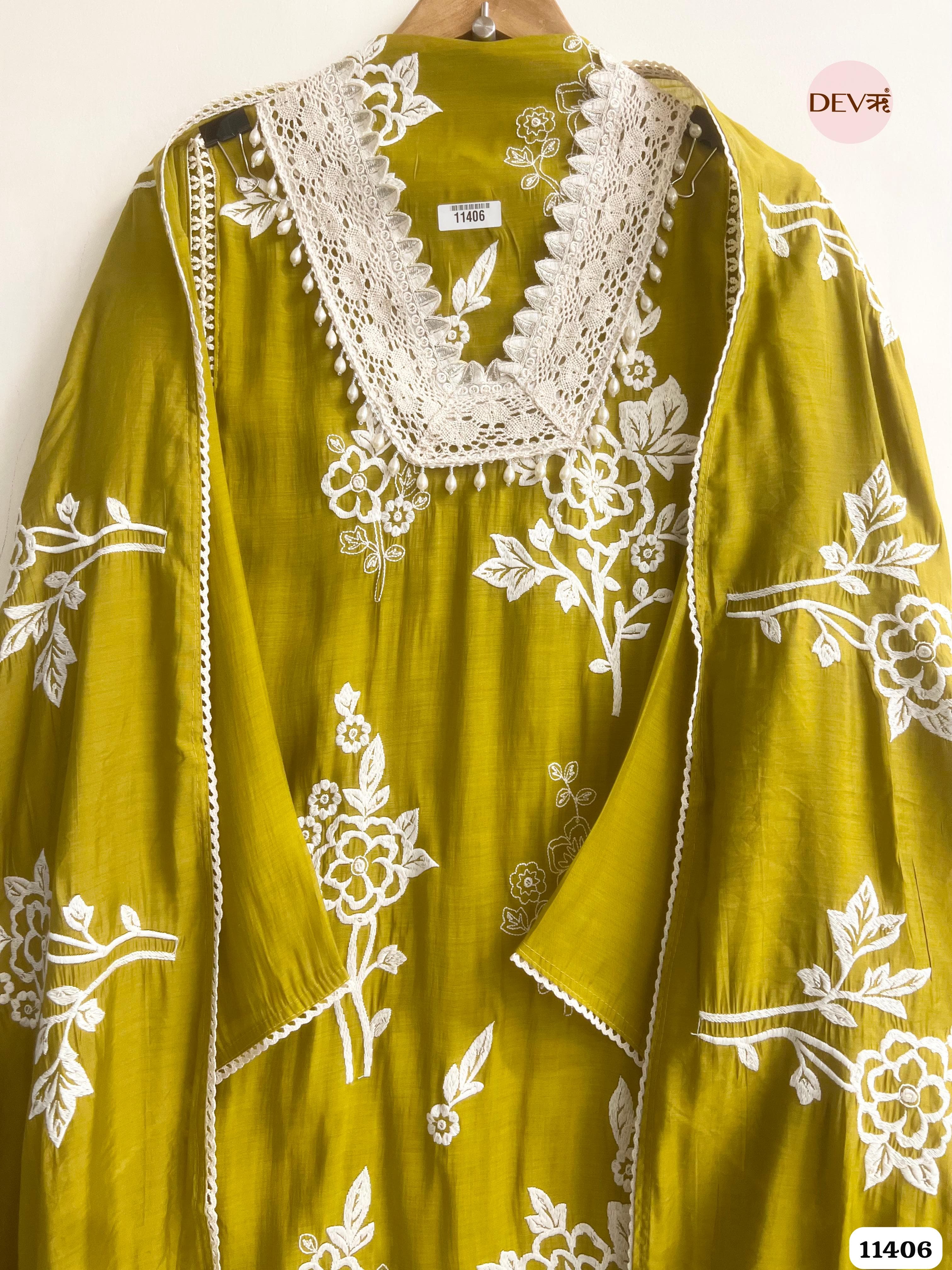 Mustard Green Muslin Semi Stitched Embroidered -Set Of 3 {11406}