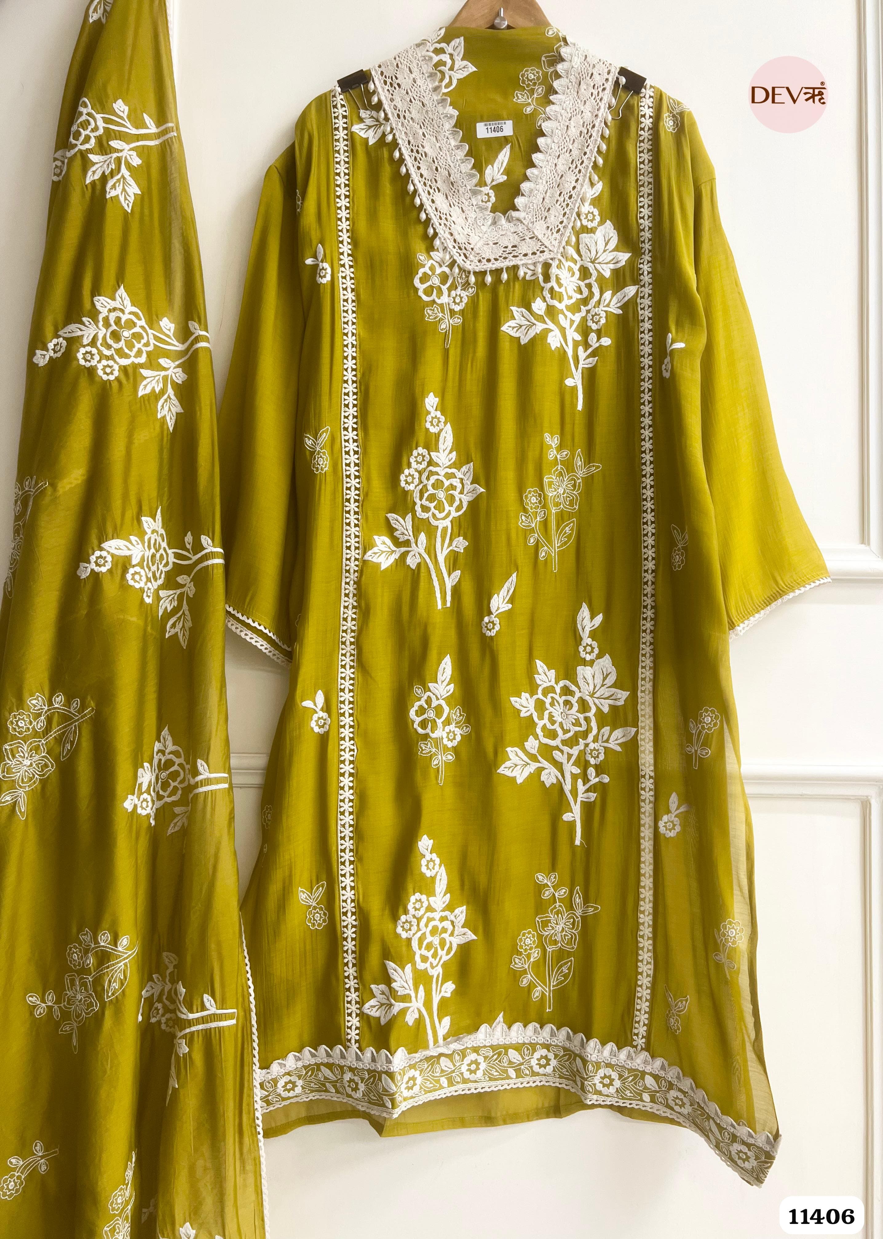 Mustard Green Muslin Semi Stitched Embroidered -Set Of 3 {11406}