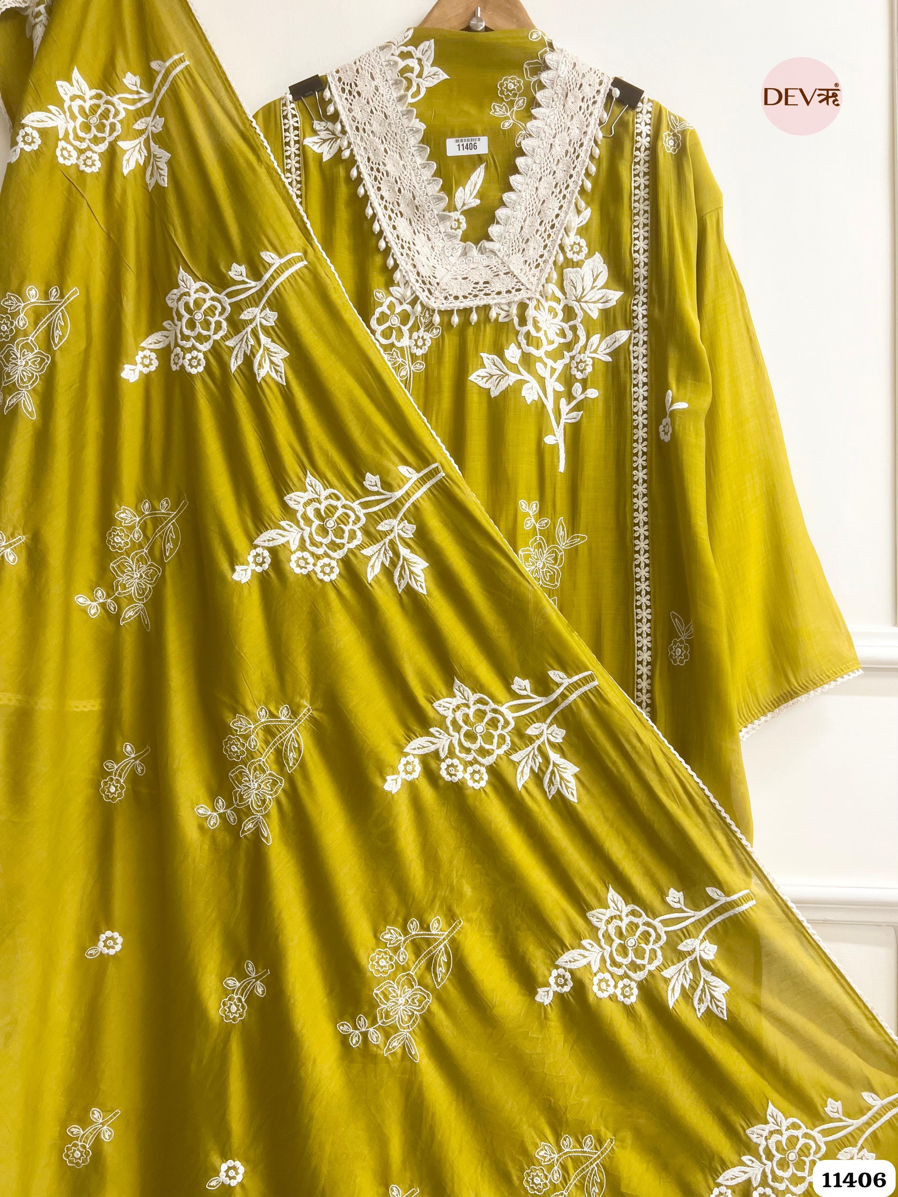 Mustard Green Muslin Semi Stitched Embroidered -Set Of 3 {11406}