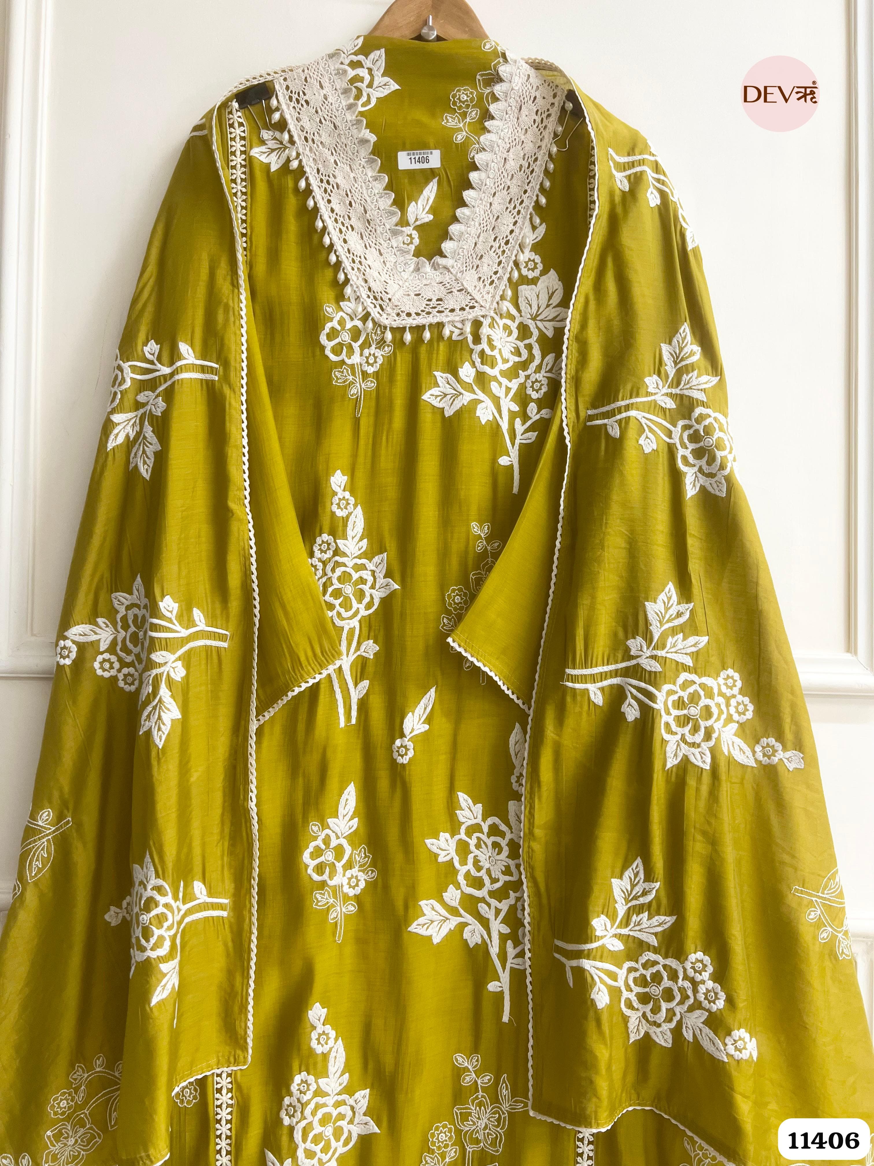 Mustard Green Muslin Semi Stitched Embroidered -Set Of 3 {11406}