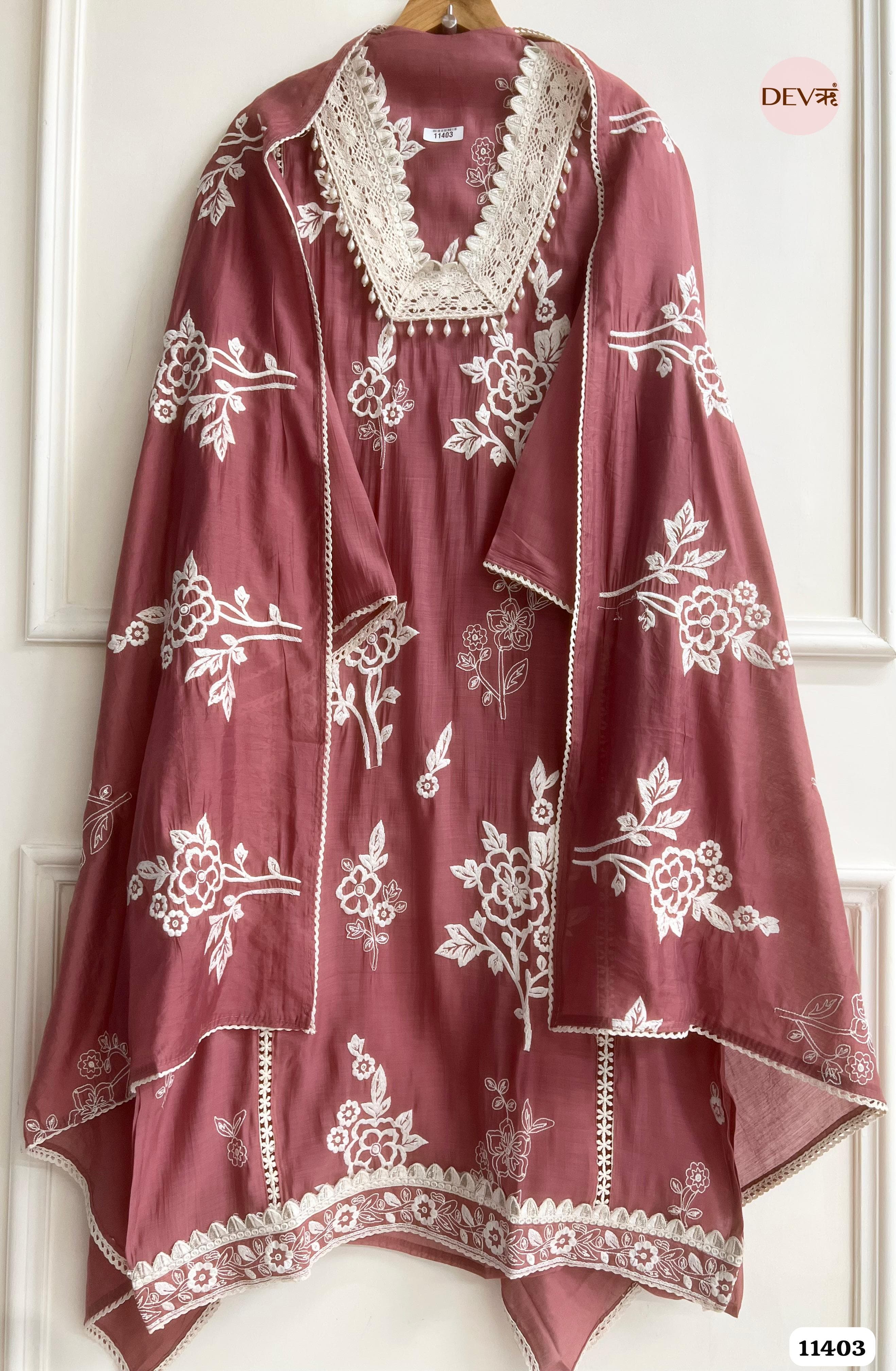 Dusty Rose Muslin Semi Stitched Embroidered -Set Of 3 {11403}