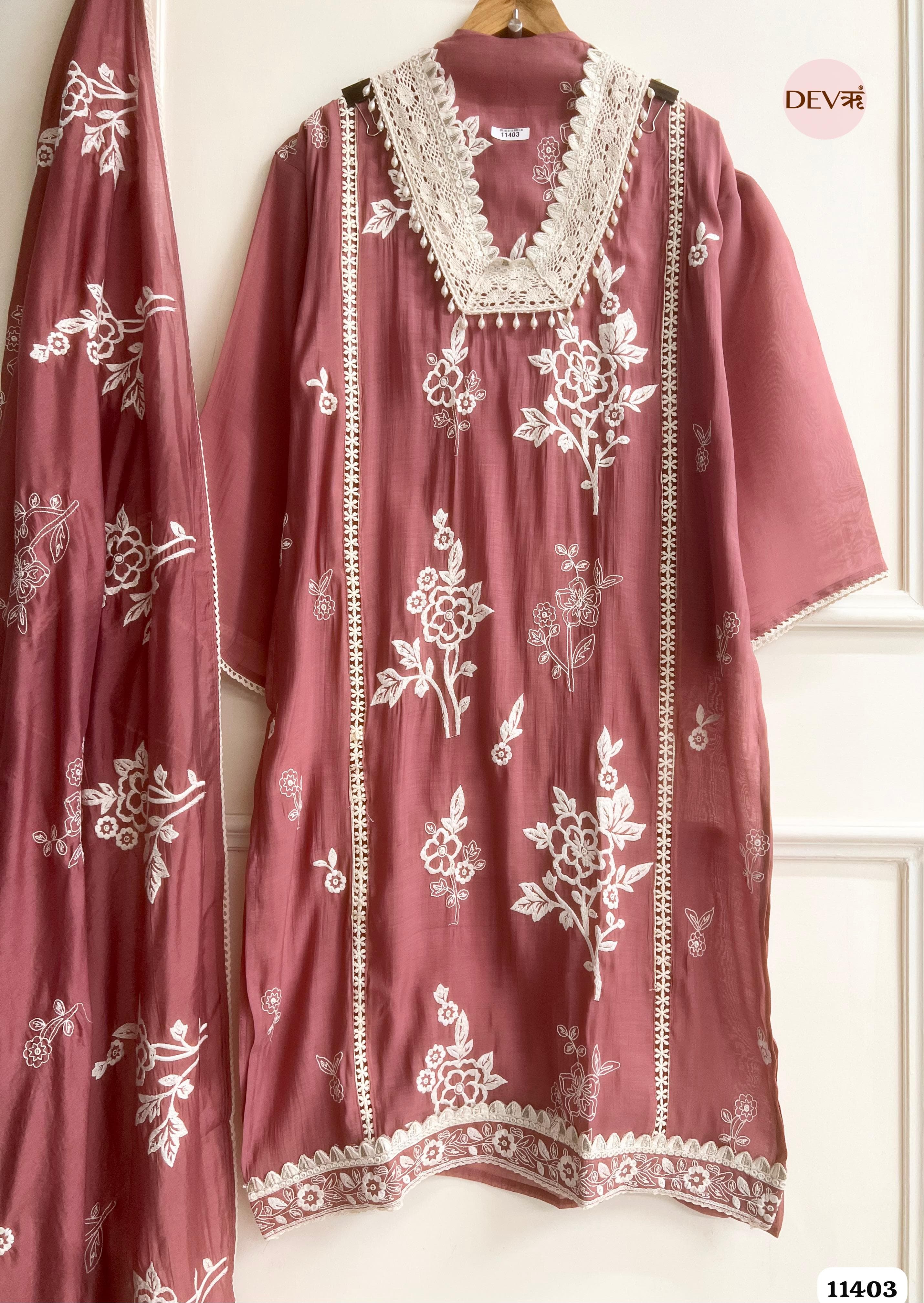 Dusty Rose Muslin Semi Stitched Embroidered -Set Of 3 {11403}