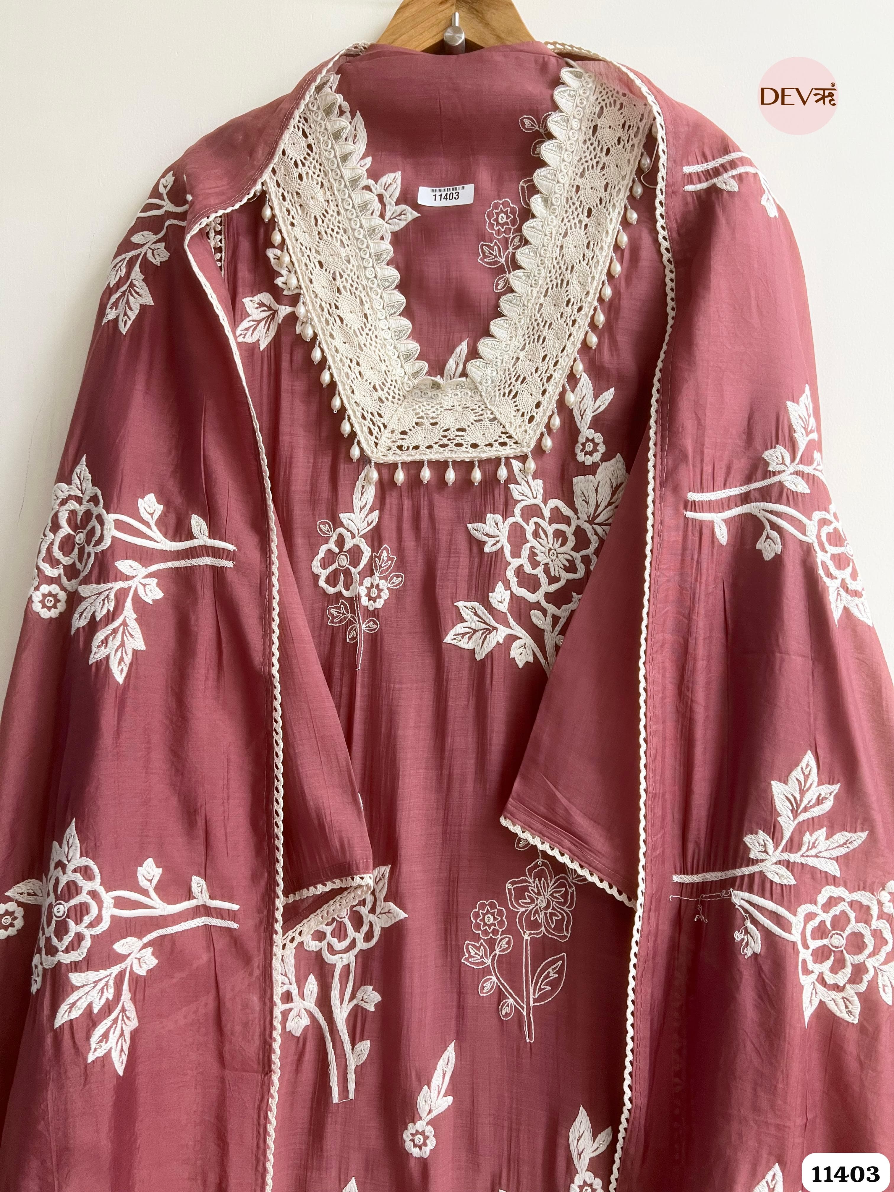 Dusty Rose Muslin Semi Stitched Embroidered -Set Of 3 {11403}