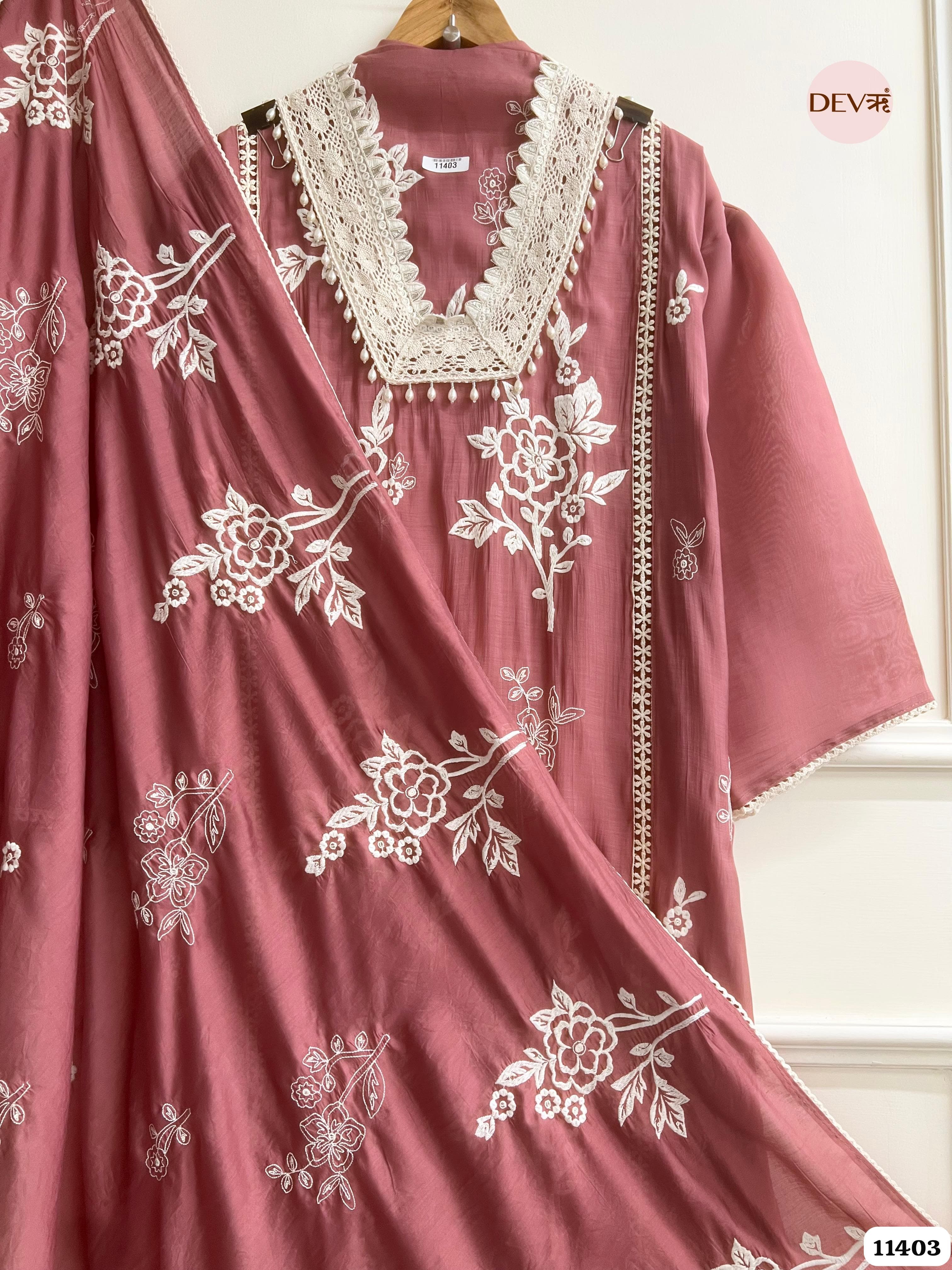 Dusty Rose Muslin Semi Stitched Embroidered -Set Of 3 {11403}