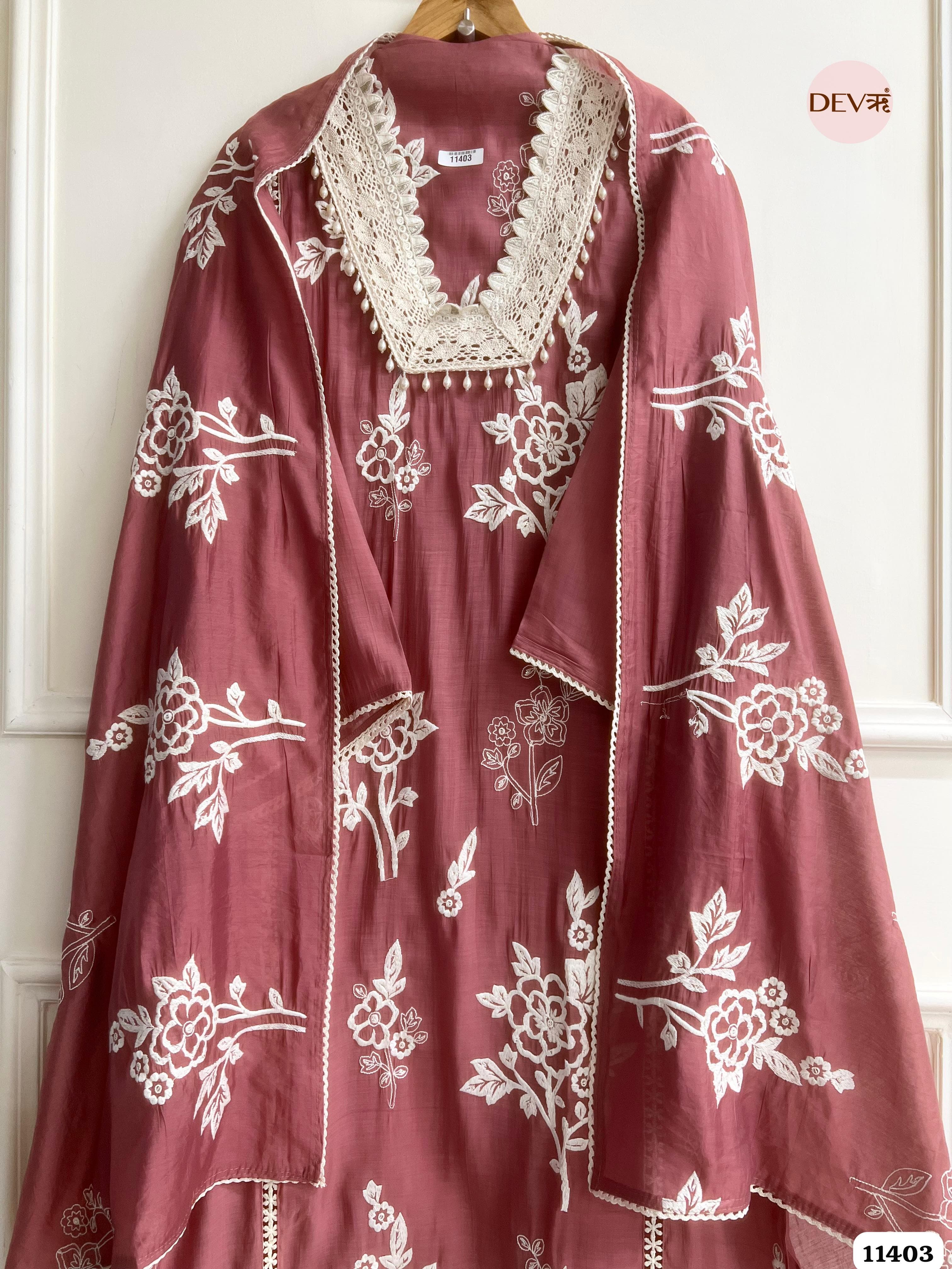 Dusty Rose Muslin Semi Stitched Embroidered -Set Of 3 {11403}