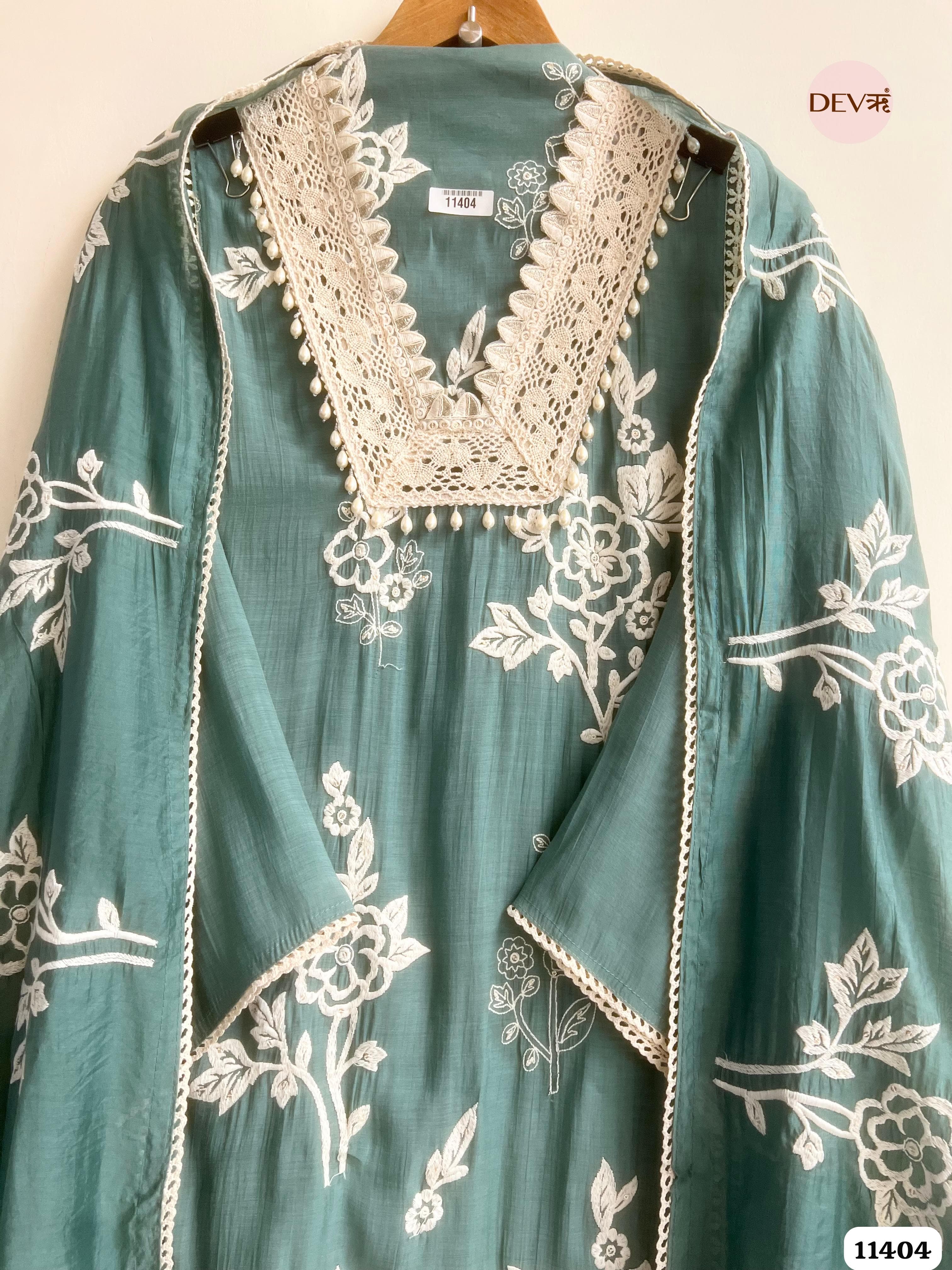 Muted Sea Green Muslin Semi Stitched Embroidered -Set Of 3 {11404}