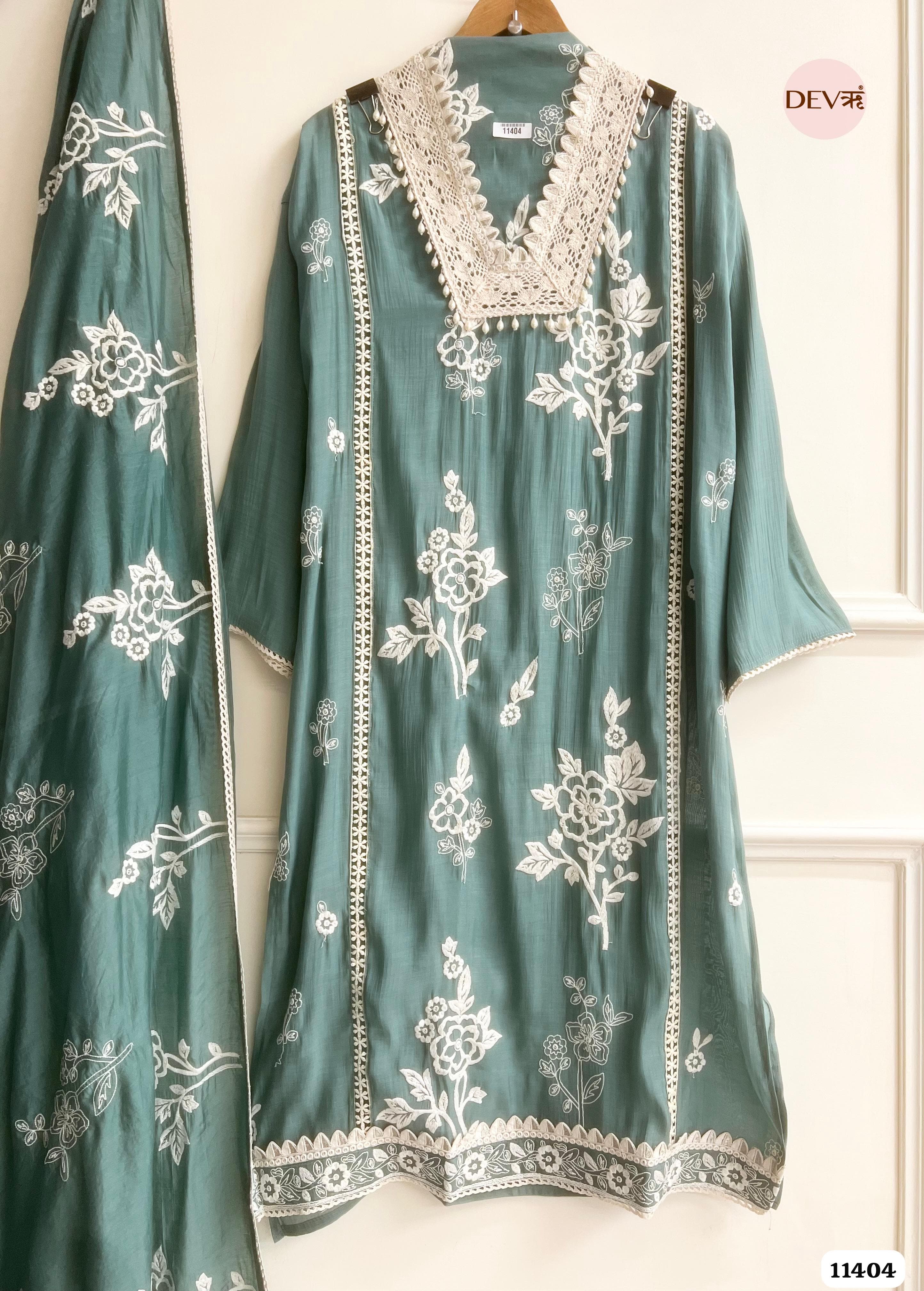Muted Sea Green Muslin Semi Stitched Embroidered -Set Of 3 {11404}
