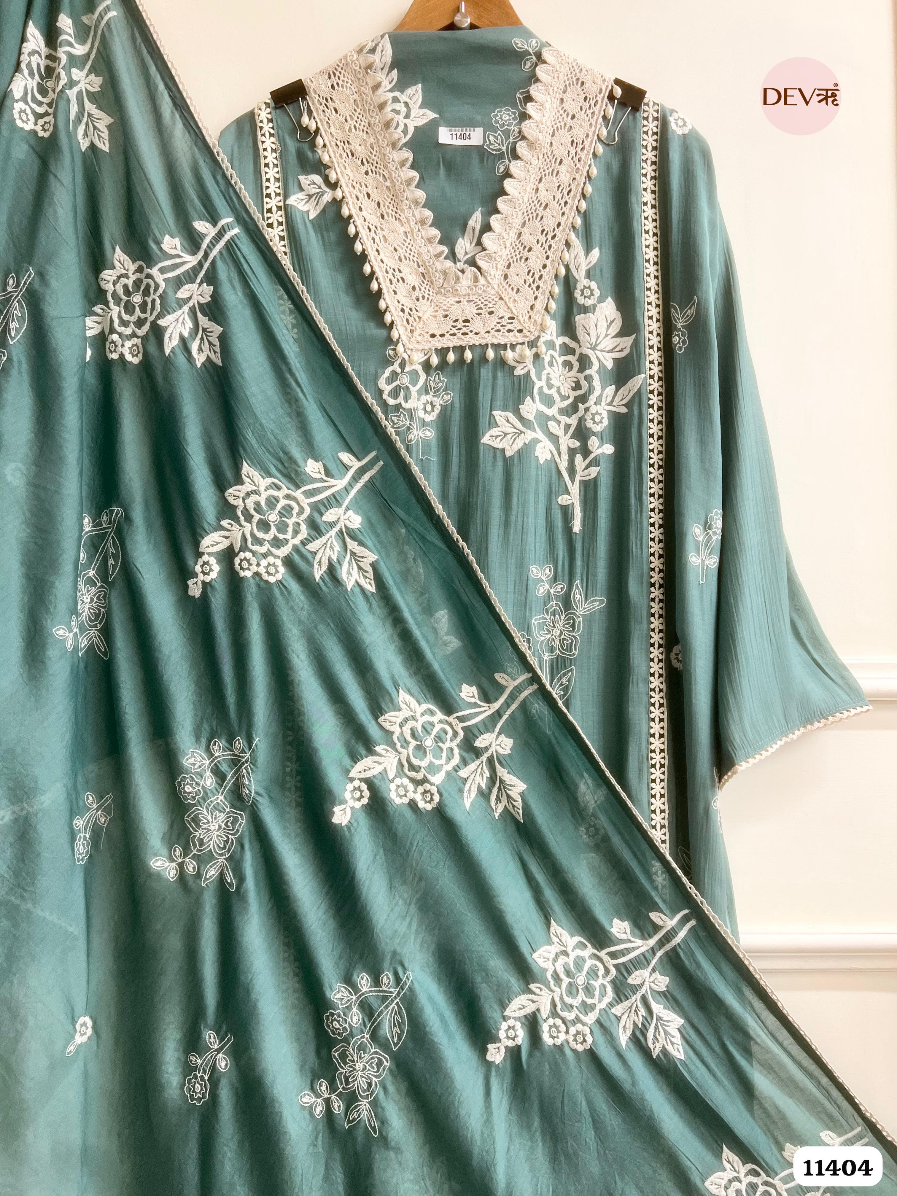 Muted Sea Green Muslin Semi Stitched Embroidered -Set Of 3 {11404}