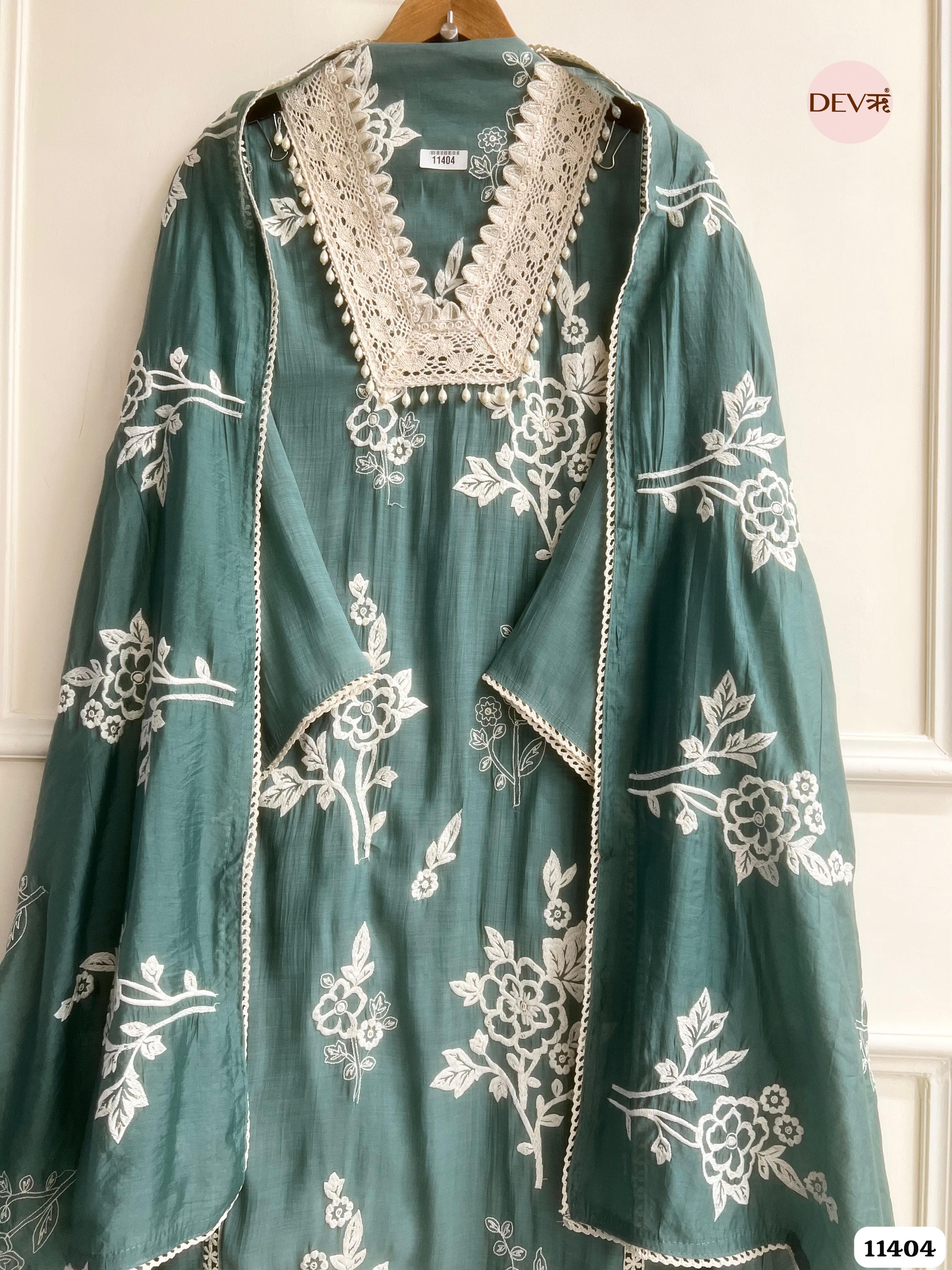 Muted Sea Green Muslin Semi Stitched Embroidered -Set Of 3 {11404}