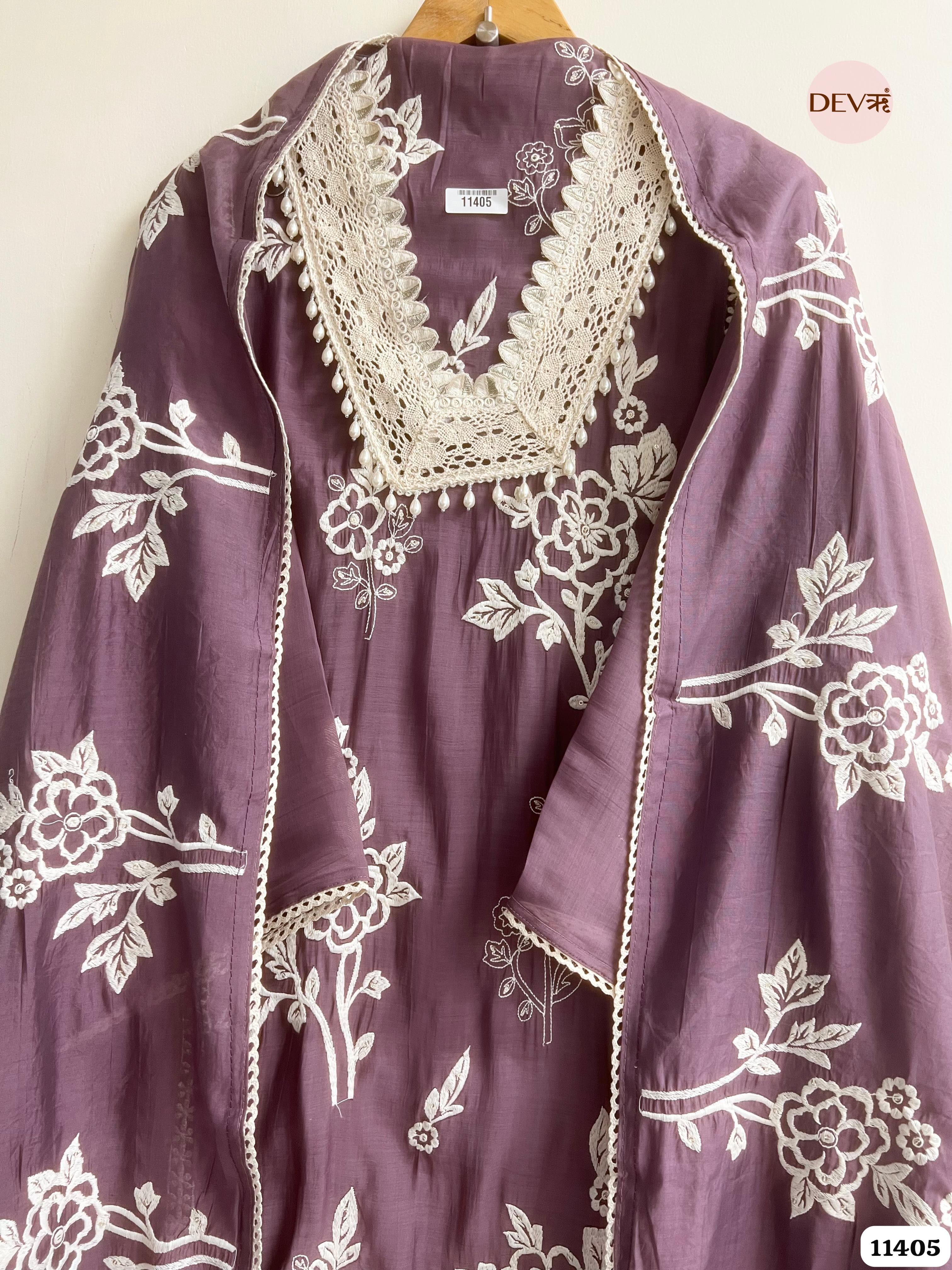 Dusty Mauve Muslin Semi Stitched Embroidered -Set Of 3 {11405}