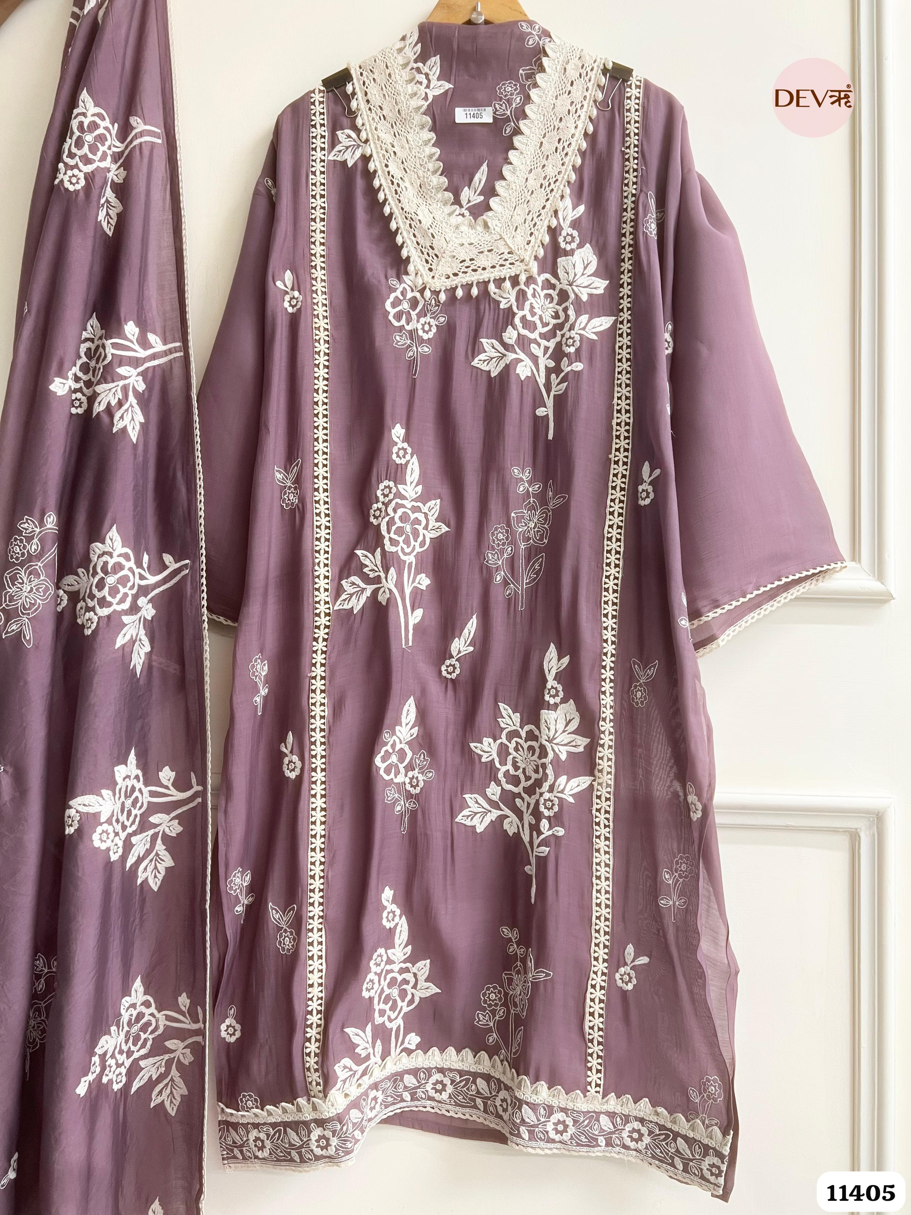 Dusty Mauve Muslin Semi Stitched Embroidered -Set Of 3 {11405}