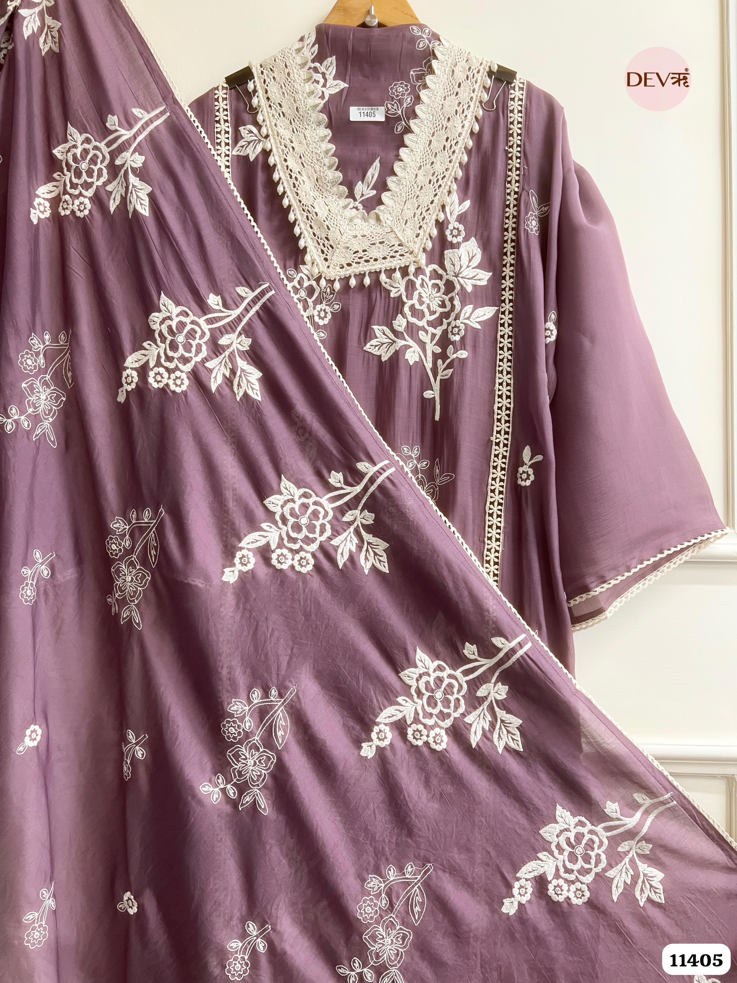 Dusty Mauve Muslin Semi Stitched Embroidered -Set Of 3 {11405}