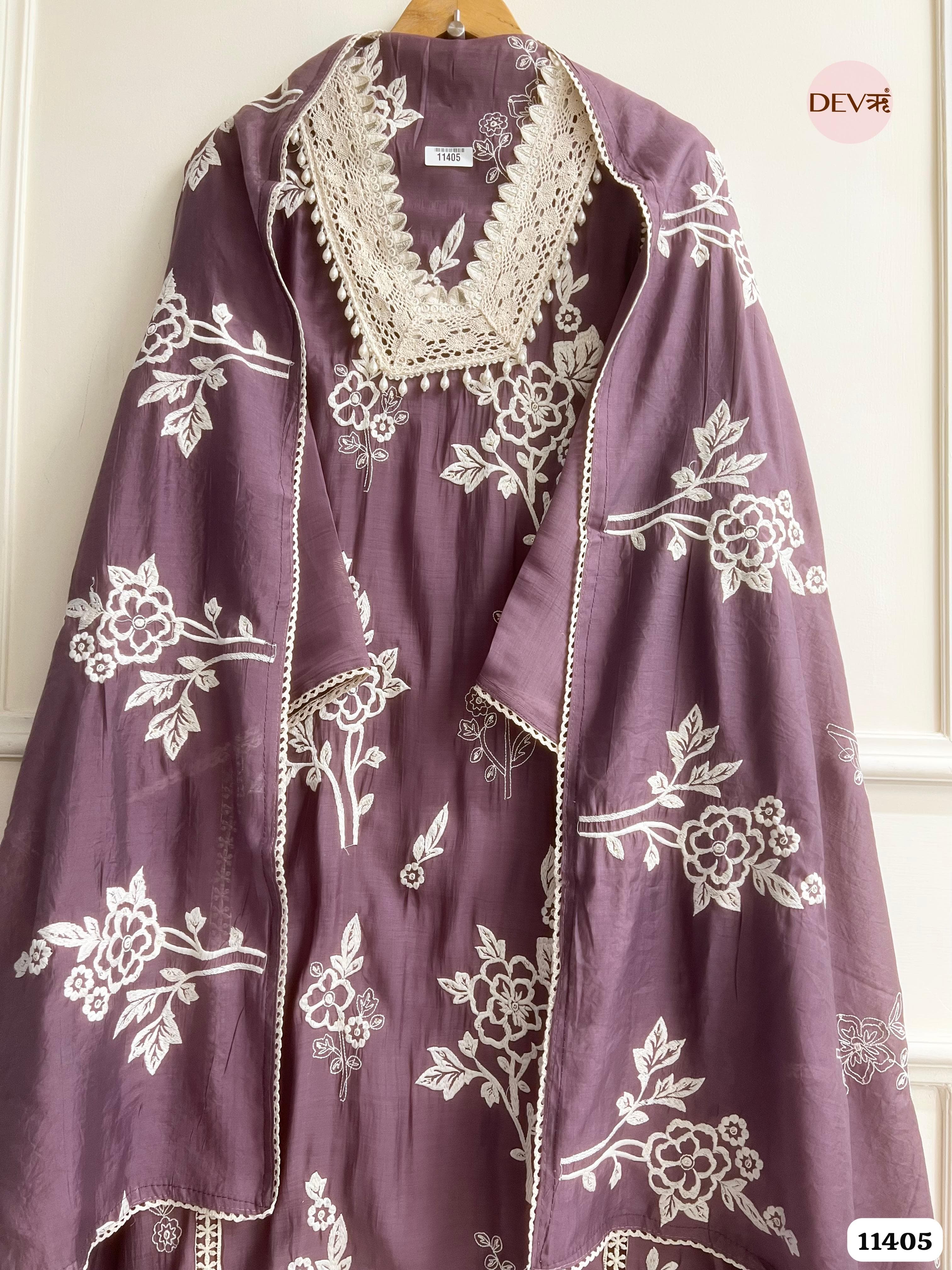 Dusty Mauve Muslin Semi Stitched Embroidered -Set Of 3 {11405}