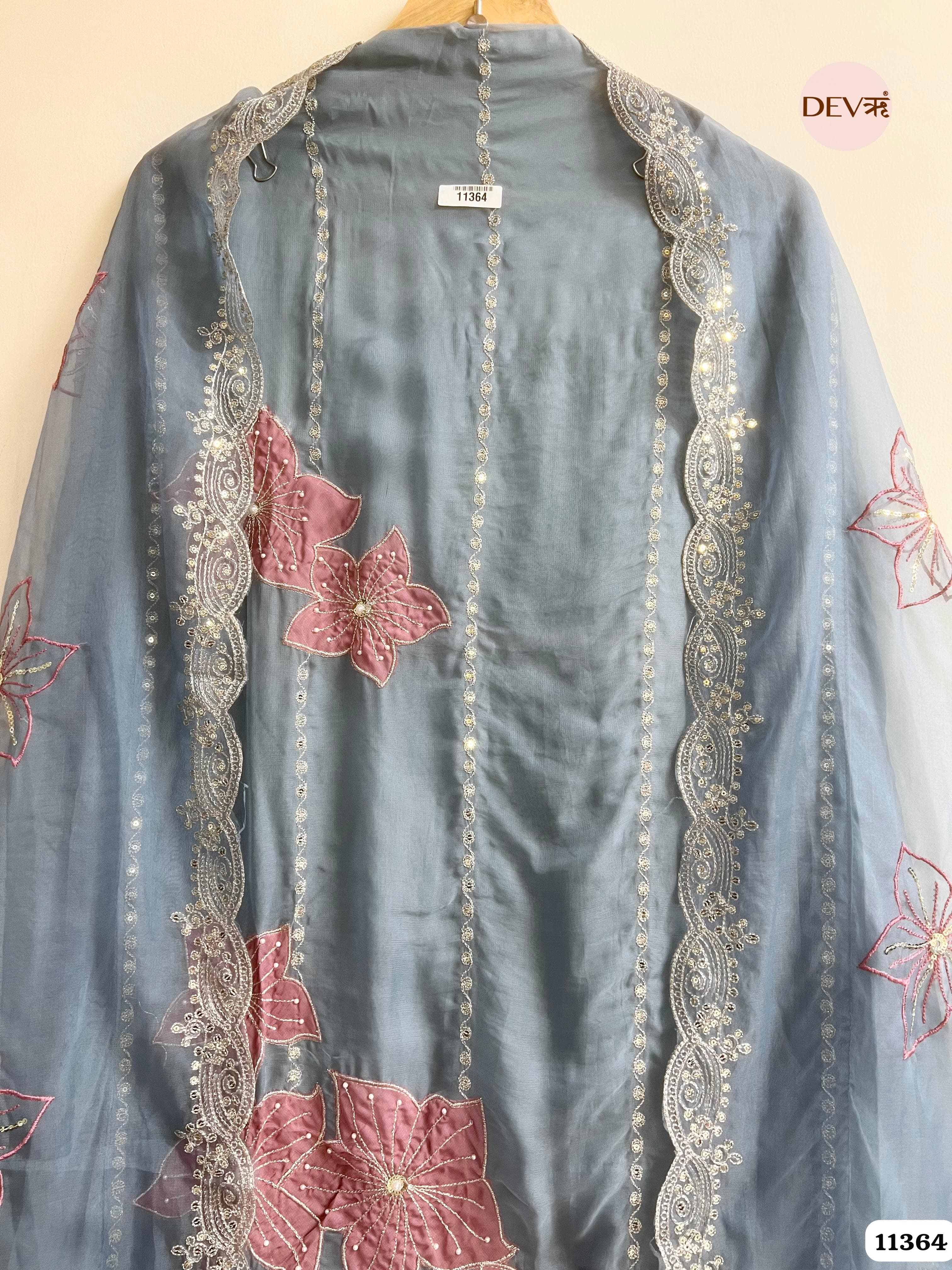 Dusty Steel Blue Organza Unstitched Hand Embroidered -Set Of 3 {11364}