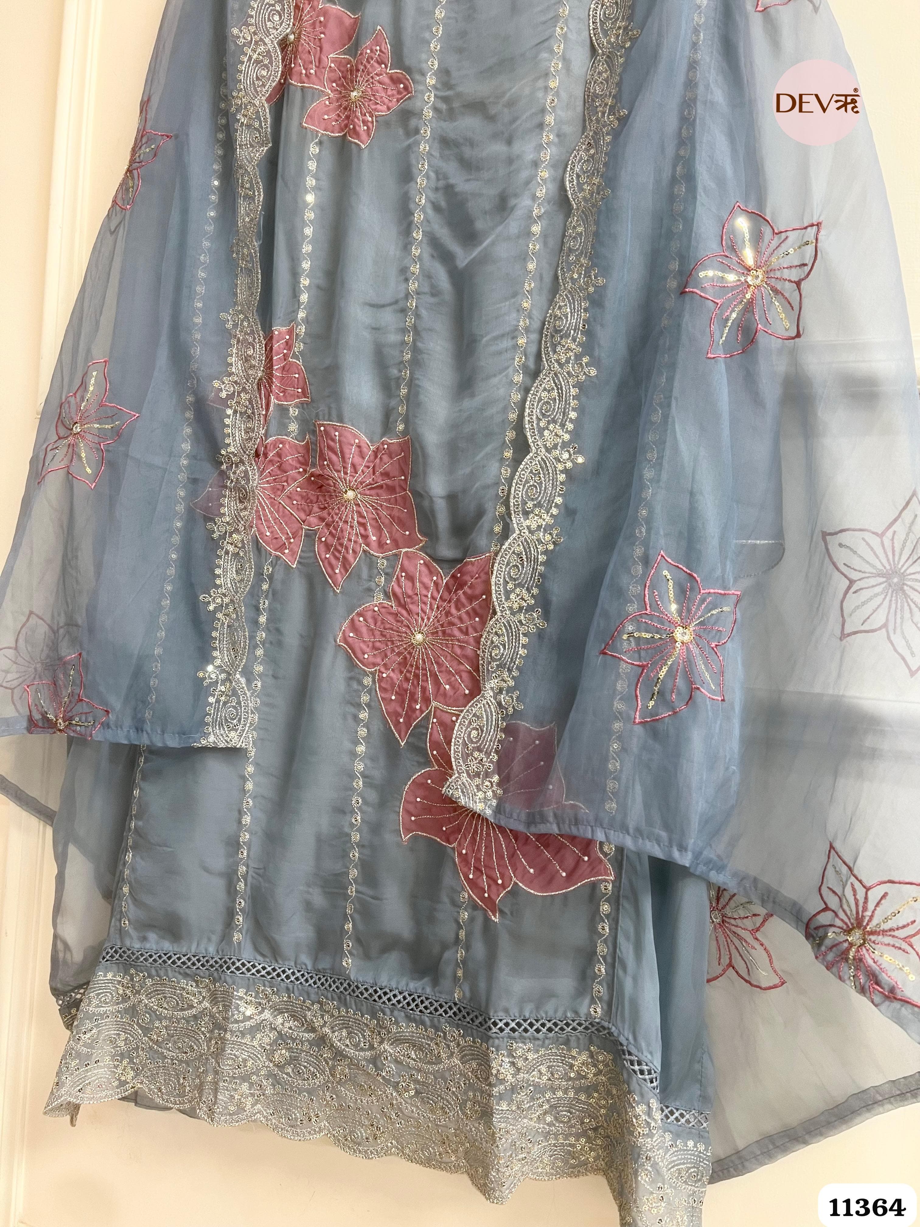 Dusty Steel Blue Organza Unstitched Hand Embroidered -Set Of 3 {11364}
