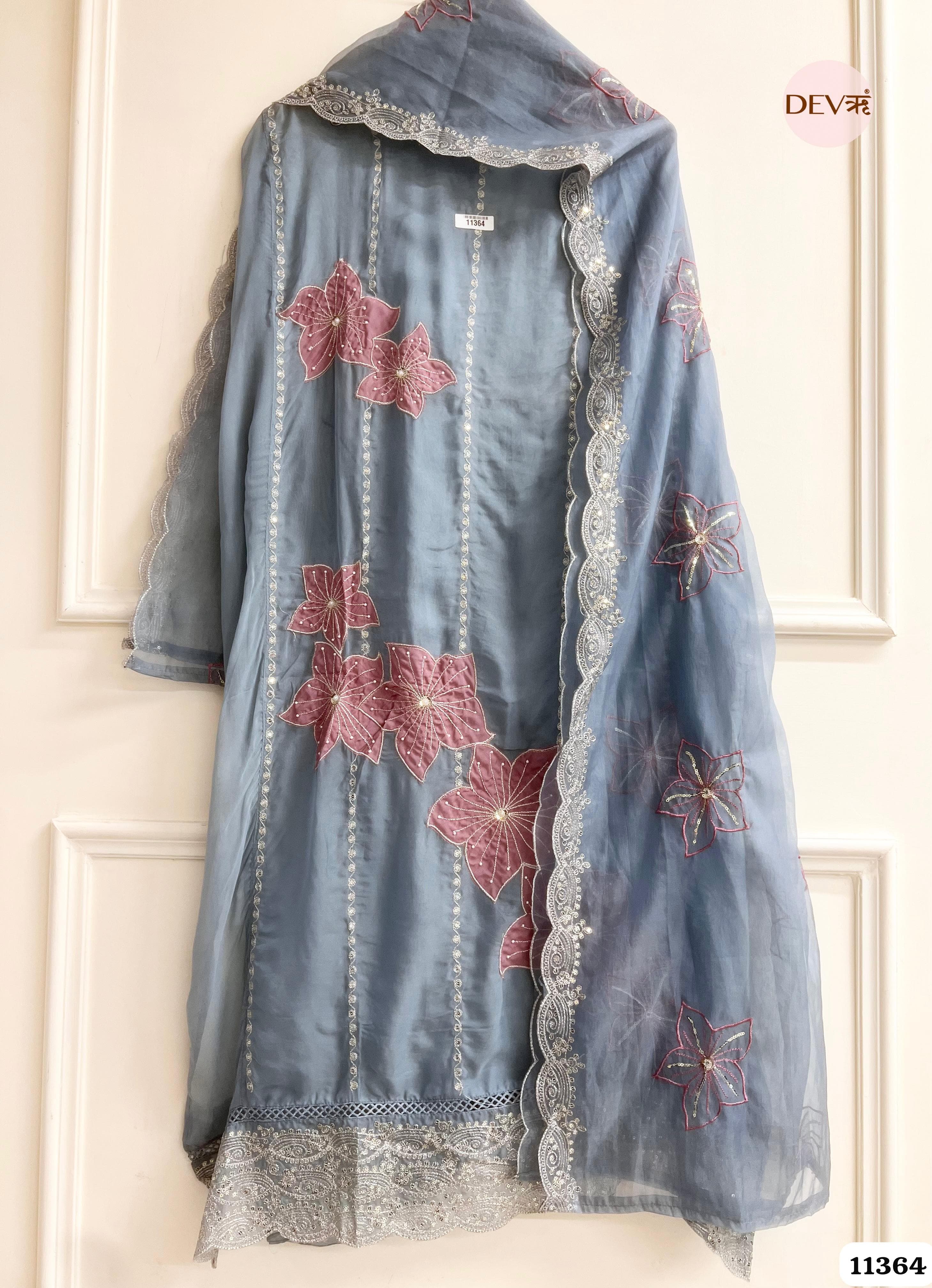 Dusty Steel Blue Organza Unstitched Hand Embroidered -Set Of 3 {11364}