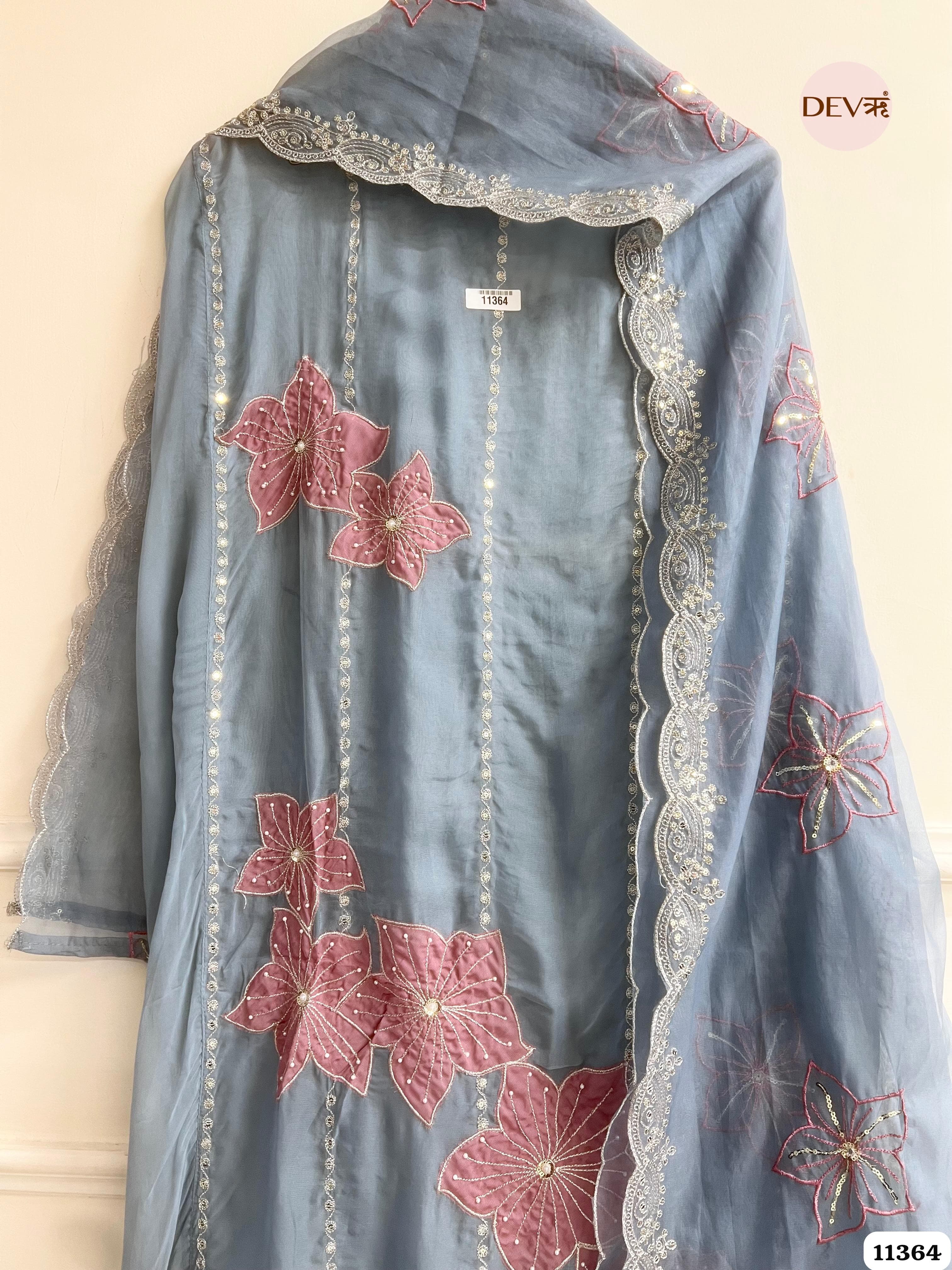 Dusty Steel Blue Organza Unstitched Hand Embroidered -Set Of 3 {11364}