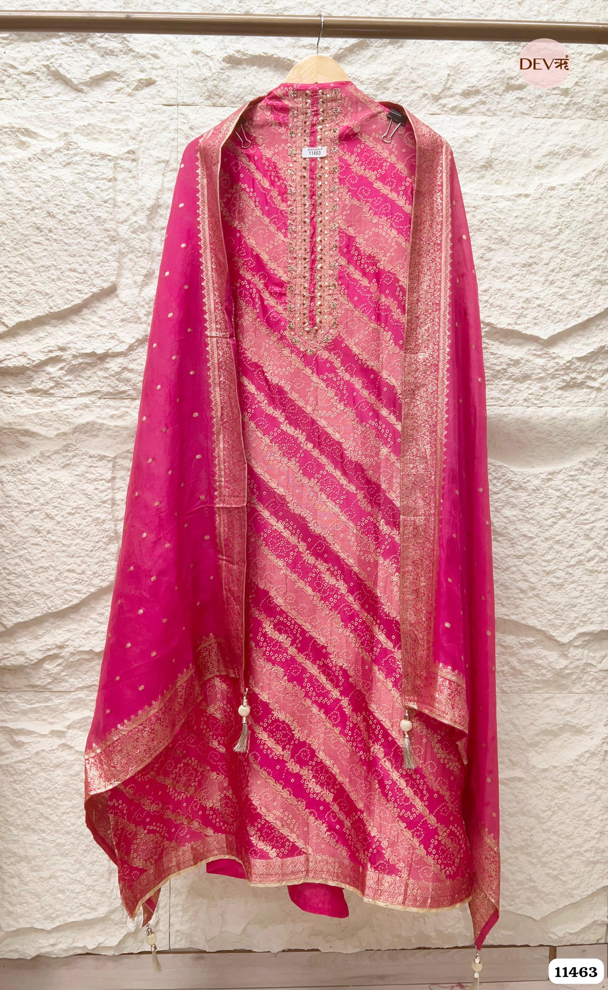 Vibrant Hot Pink Russian Silk Woven Unstitched Hand Embroidered -Set Of 3 {11463}