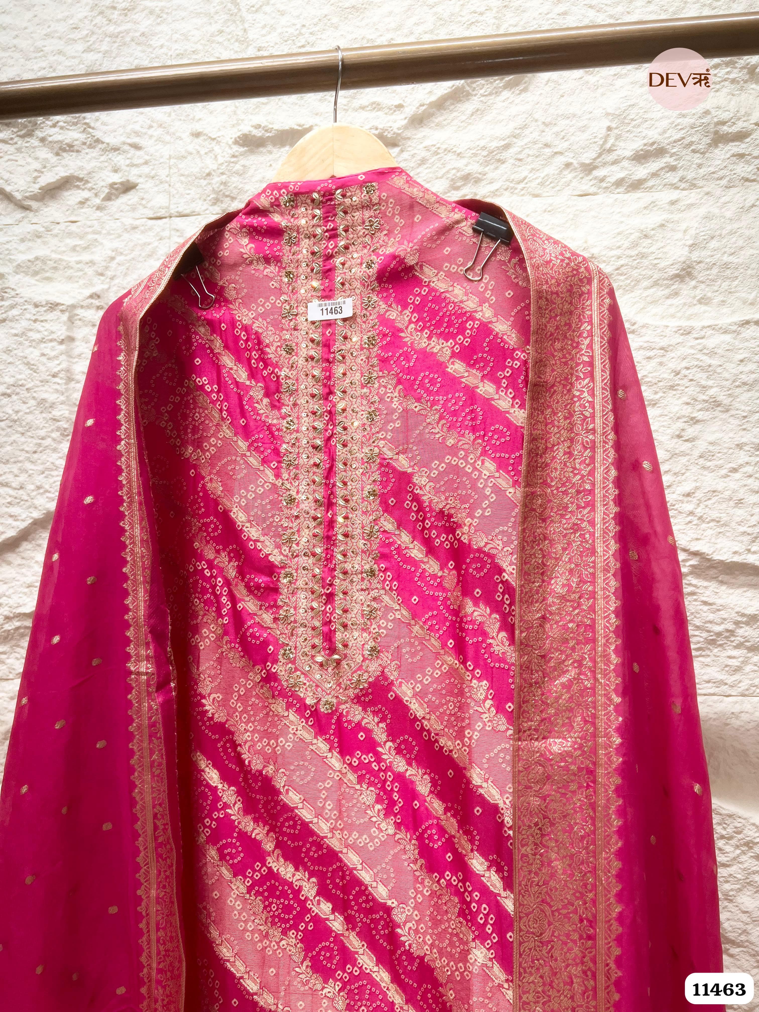 Vibrant Hot Pink Russian Silk Woven Unstitched Hand Embroidered -Set Of 3 {11463}