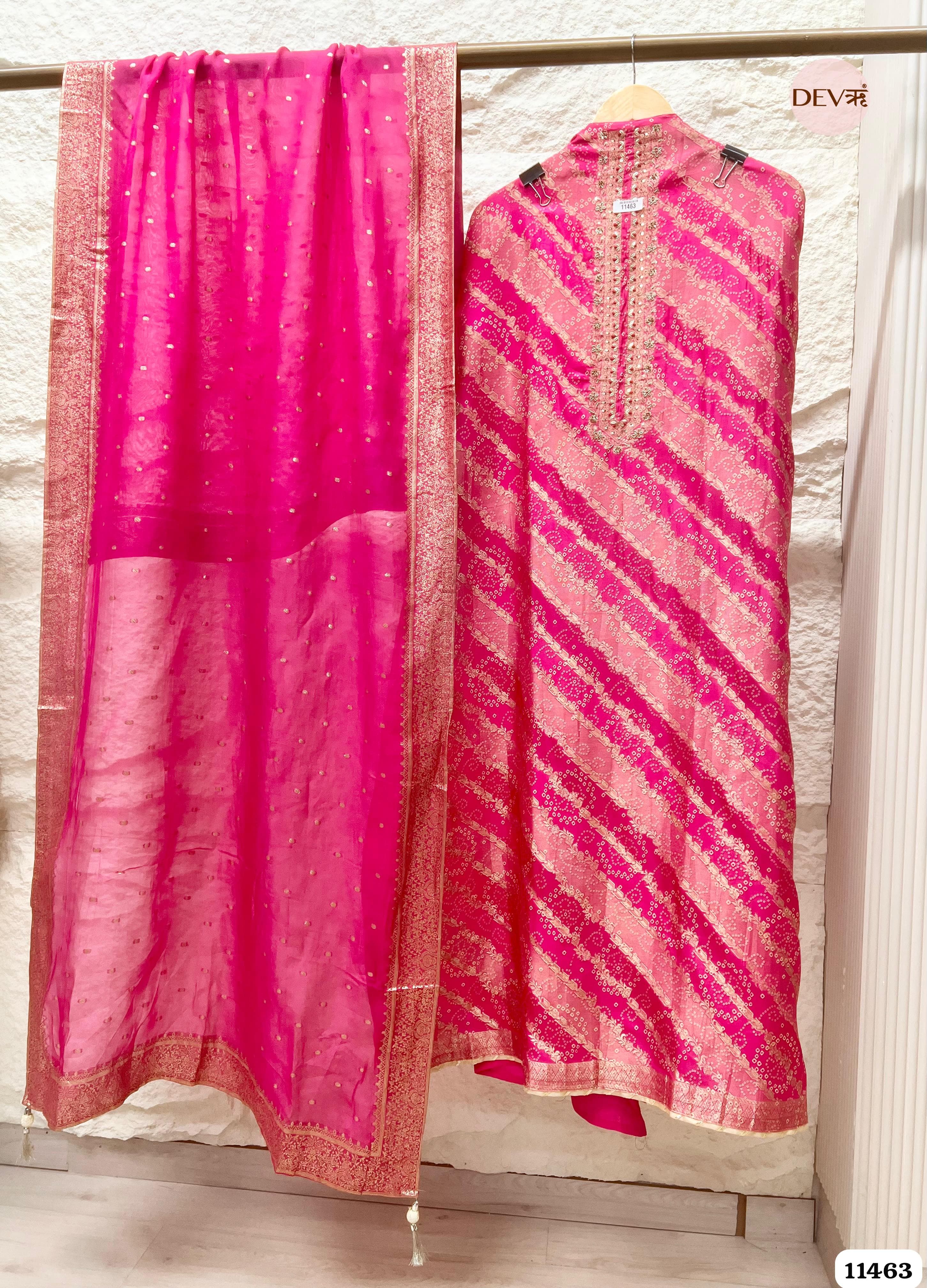 Vibrant Hot Pink Russian Silk Woven Unstitched Hand Embroidered -Set Of 3 {11463}