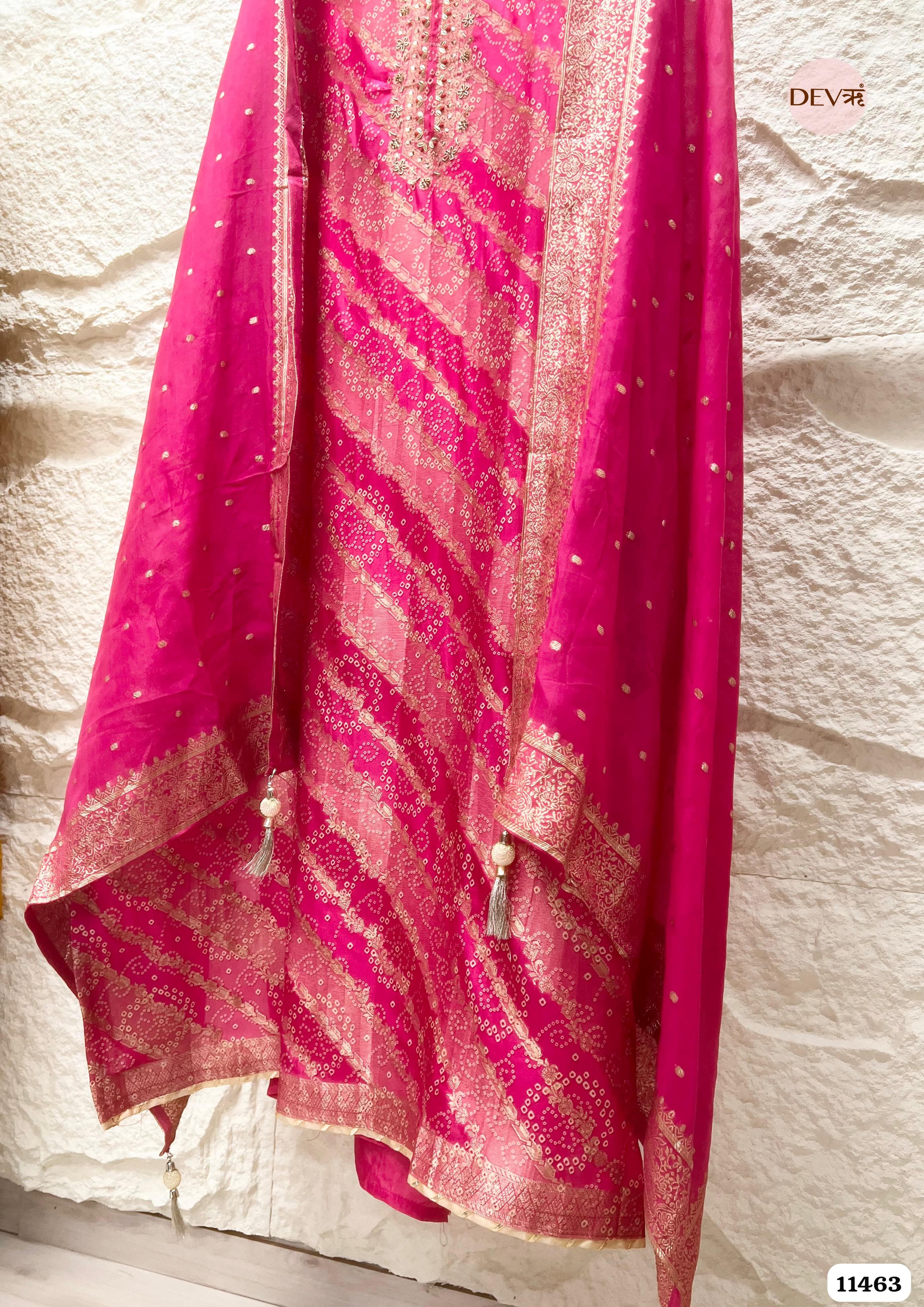 Vibrant Hot Pink Russian Silk Woven Unstitched Hand Embroidered -Set Of 3 {11463}