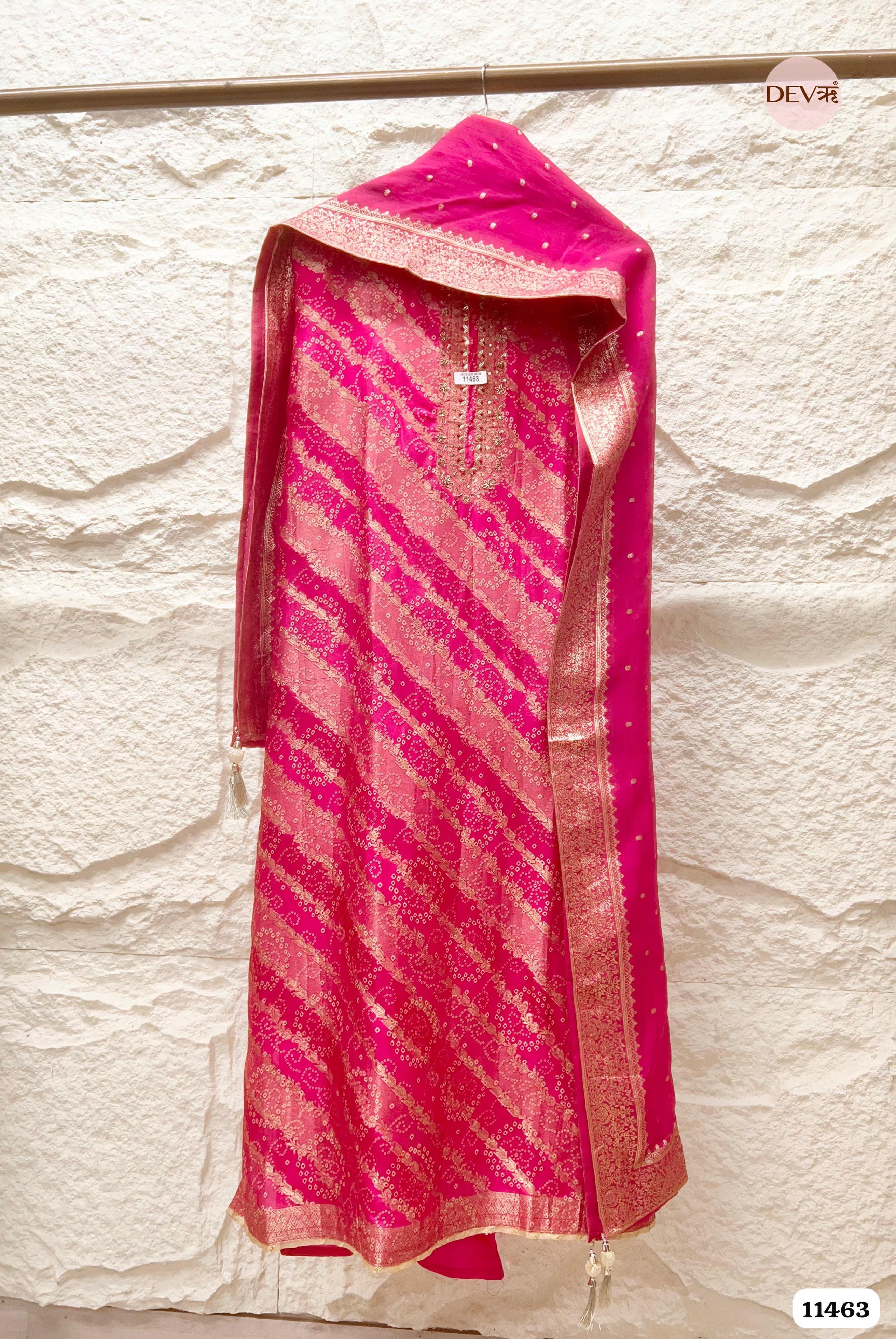 Vibrant Hot Pink Russian Silk Woven Unstitched Hand Embroidered -Set Of 3 {11463}