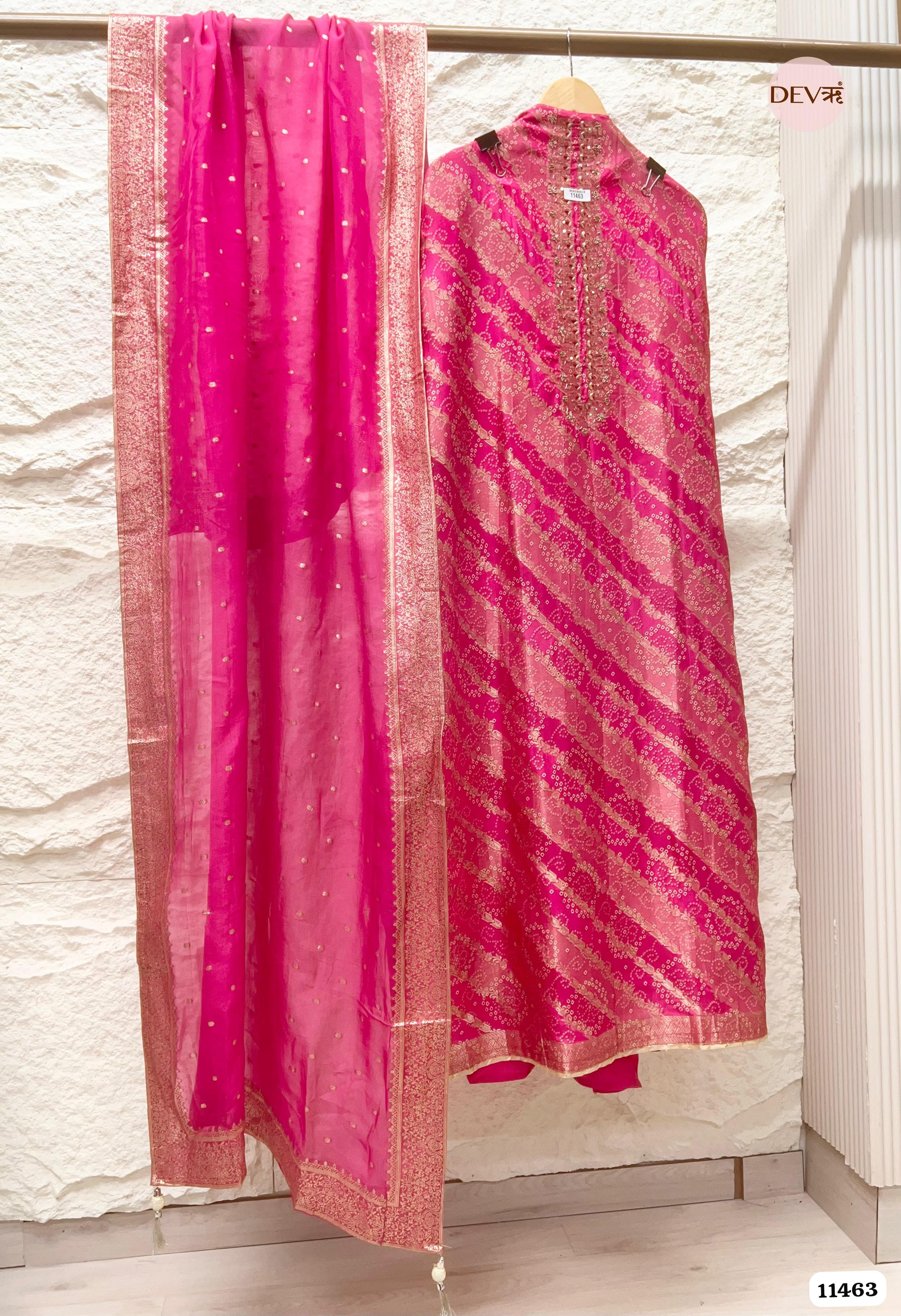 Vibrant Hot Pink Russian Silk Woven Unstitched Hand Embroidered -Set Of 3 {11463}