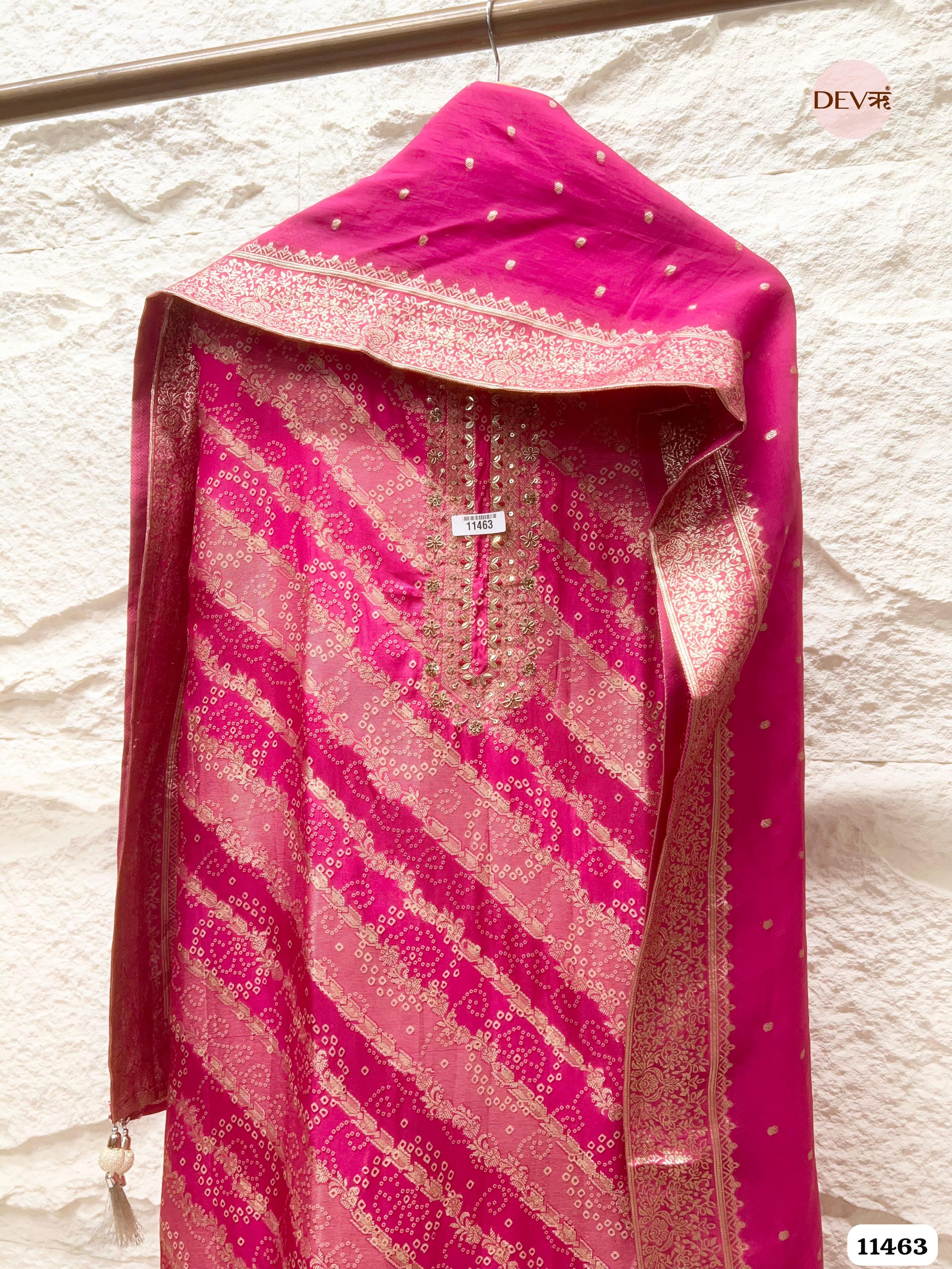 Vibrant Hot Pink Russian Silk Woven Unstitched Hand Embroidered -Set Of 3 {11463}