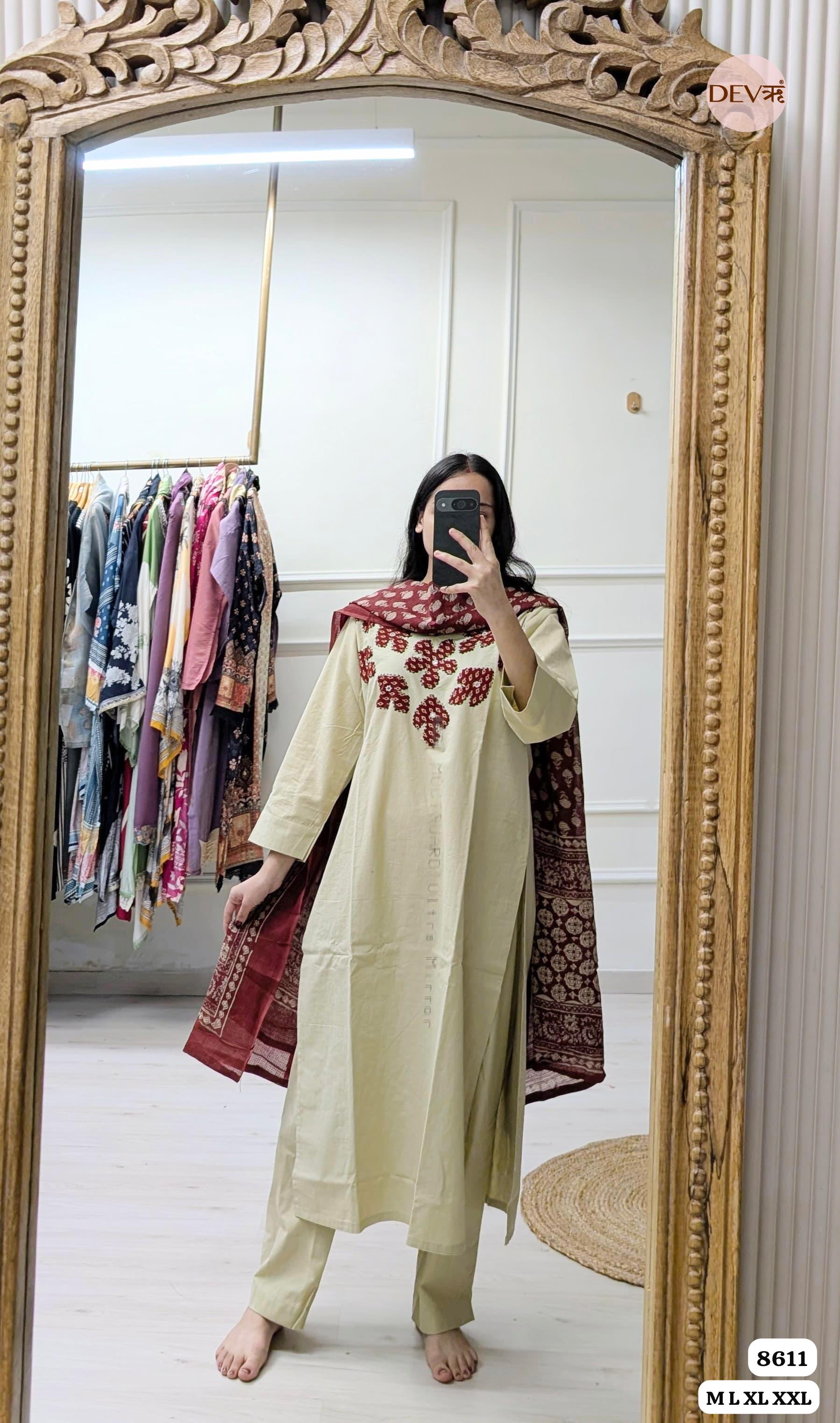 Slub Cotton Stitched Hand Embroidered -Set Of 3 {8611}