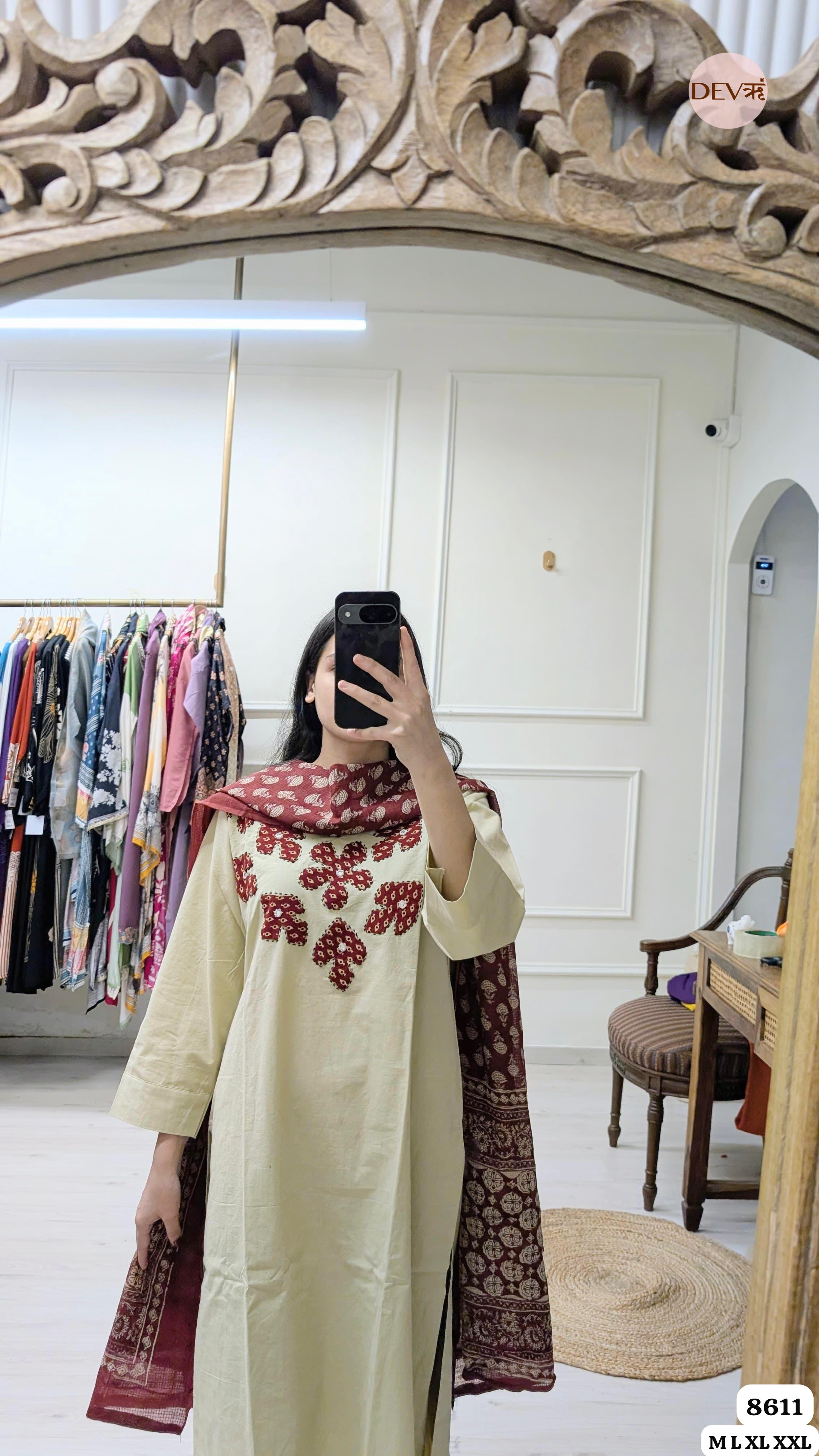 Slub Cotton Stitched Hand Embroidered -Set Of 3 {8611}