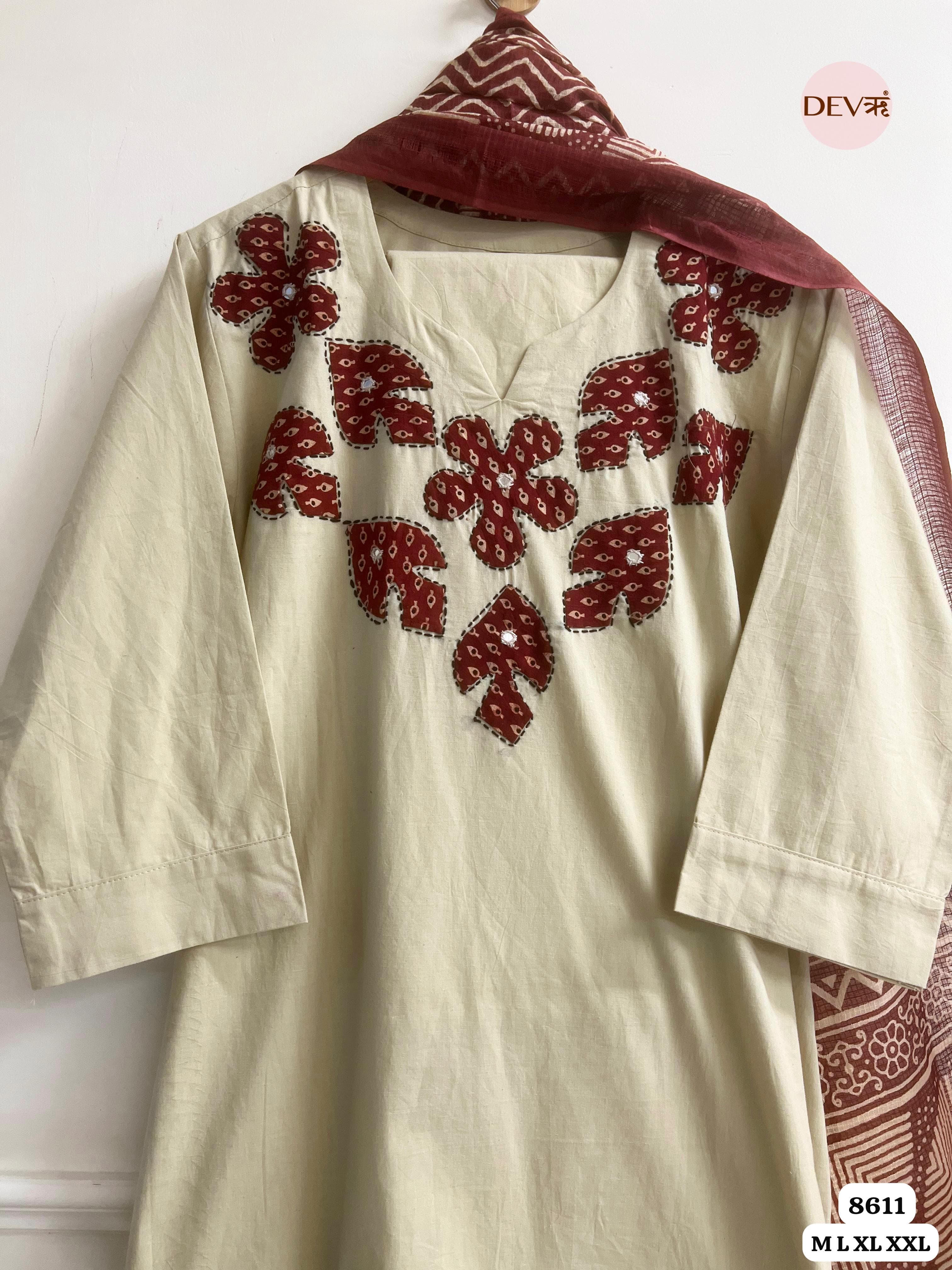 Slub Cotton Stitched Hand Embroidered -Set Of 3 {8611}