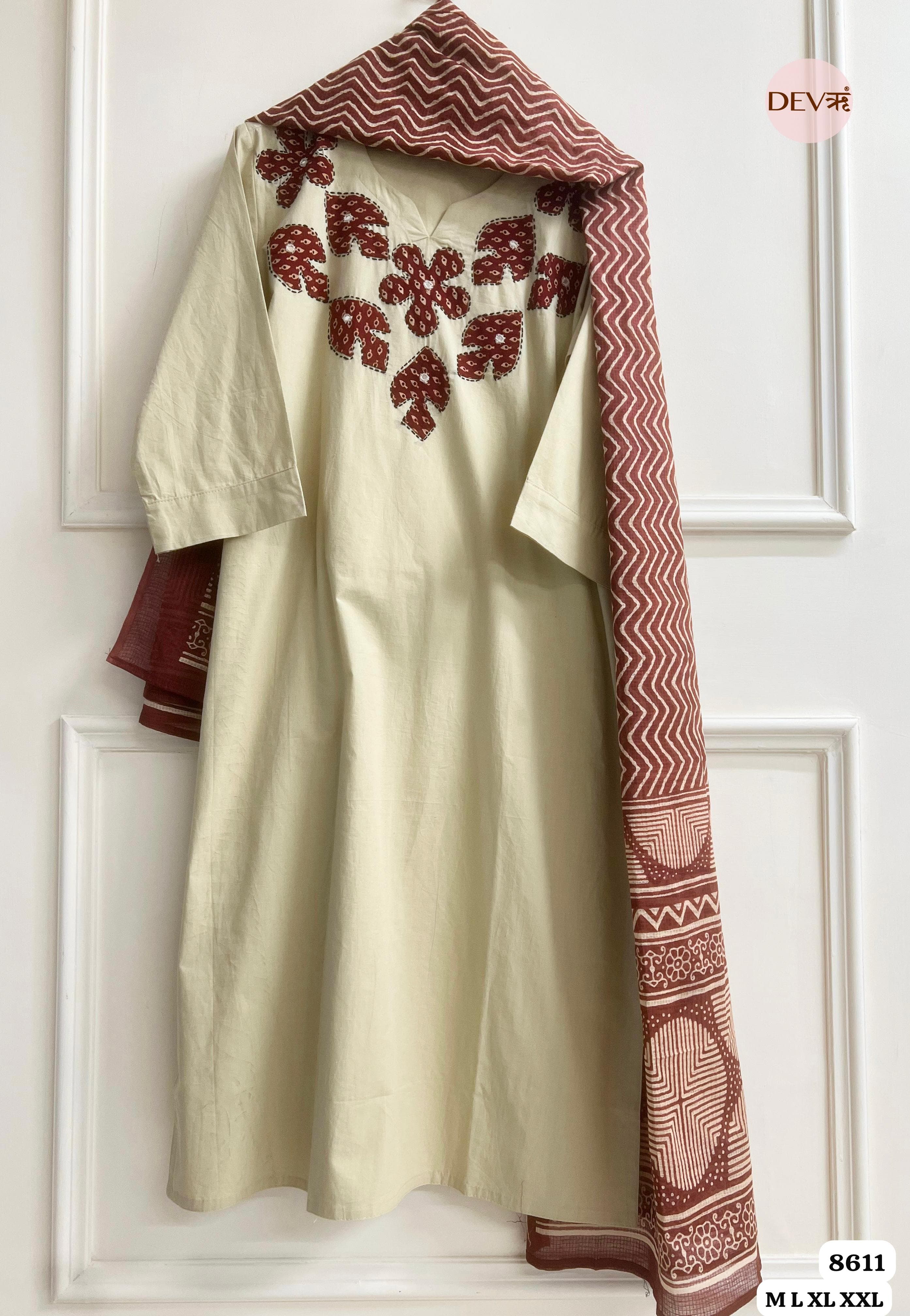 Slub Cotton Stitched Hand Embroidered -Set Of 3 {8611}