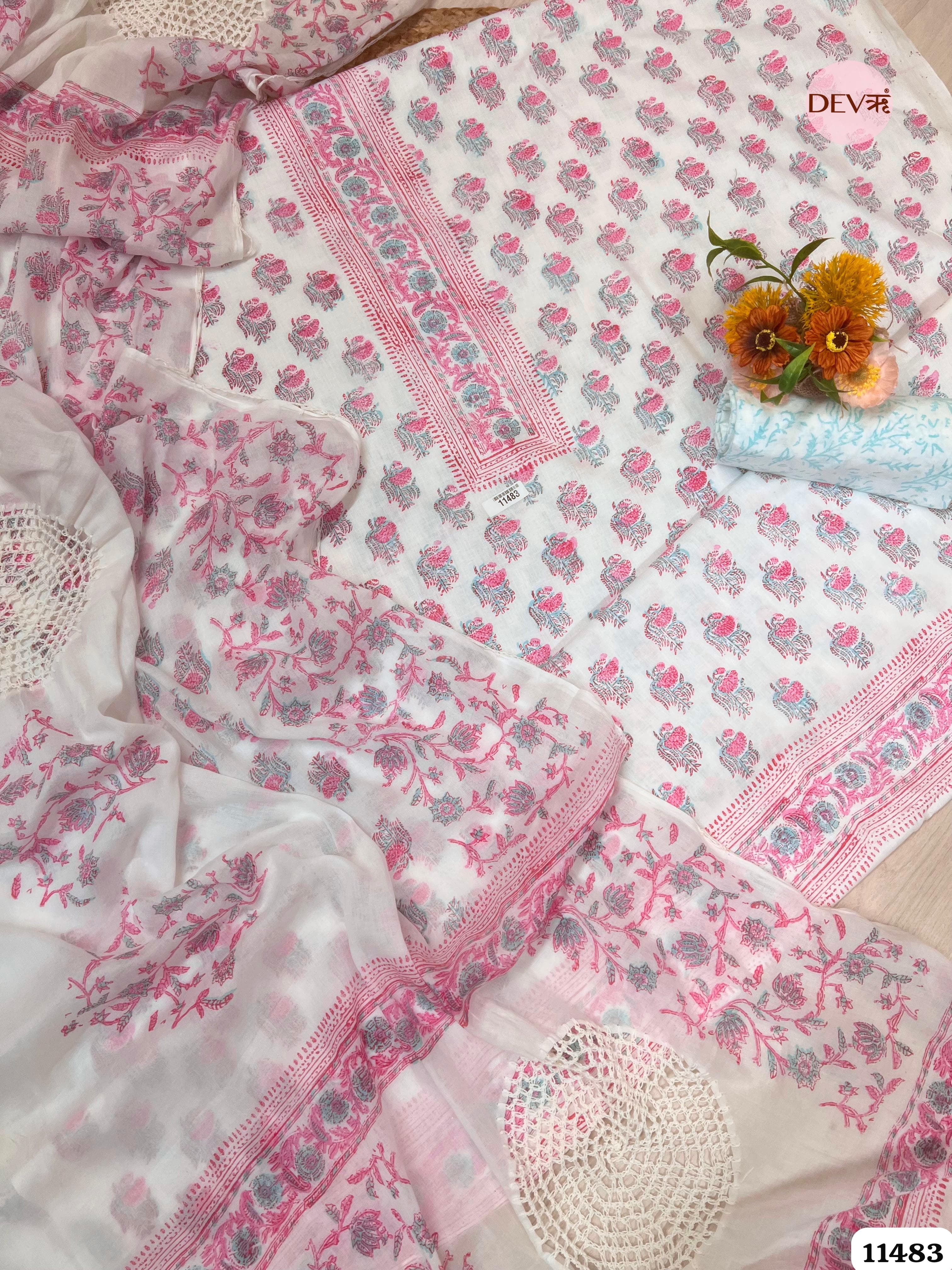Pink Cotton Printed Unstitched -Set Of 3 {11483}