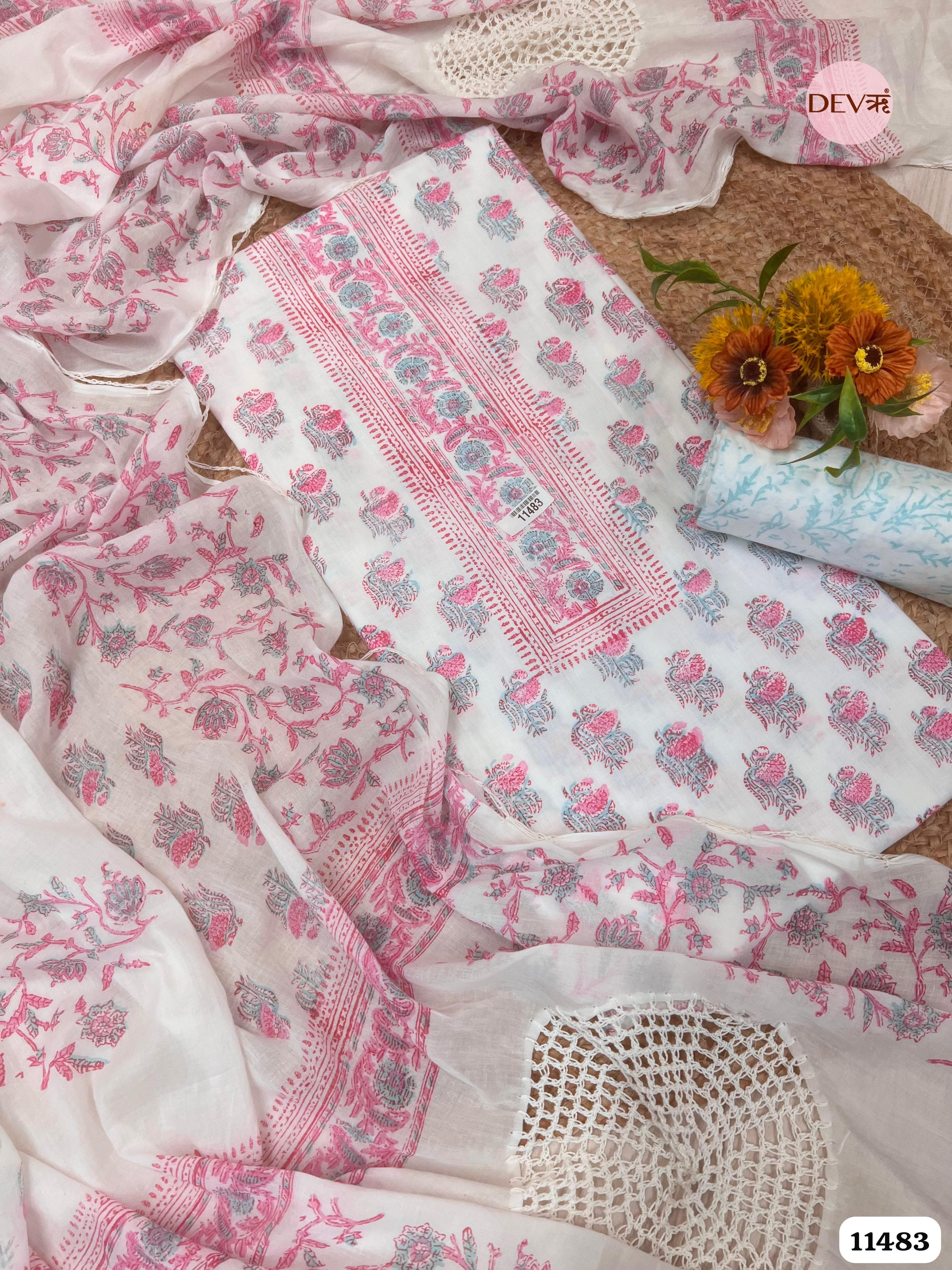 Pink Cotton Printed Unstitched -Set Of 3 {11483}