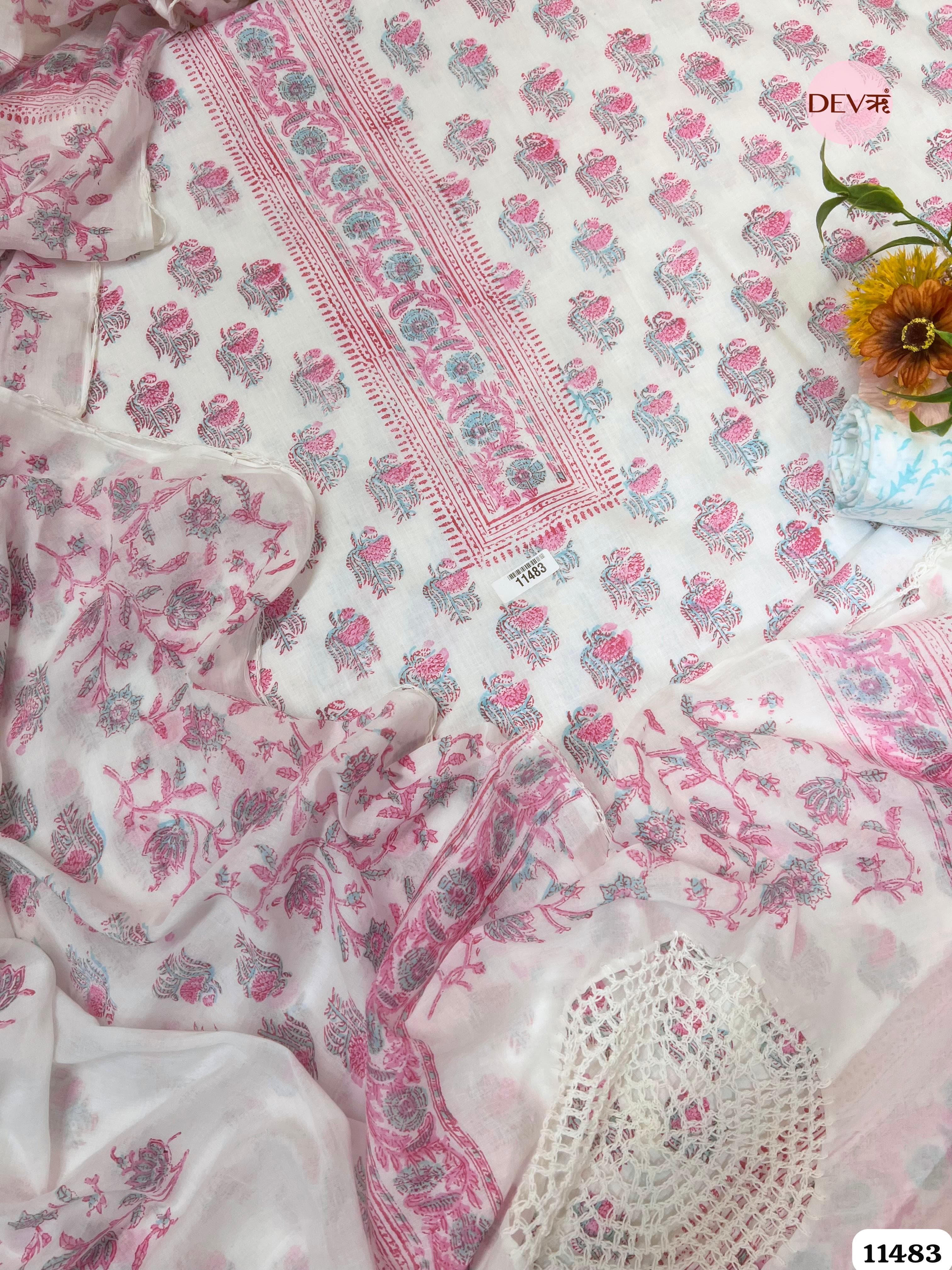 Pink Cotton Printed Unstitched -Set Of 3 {11483}