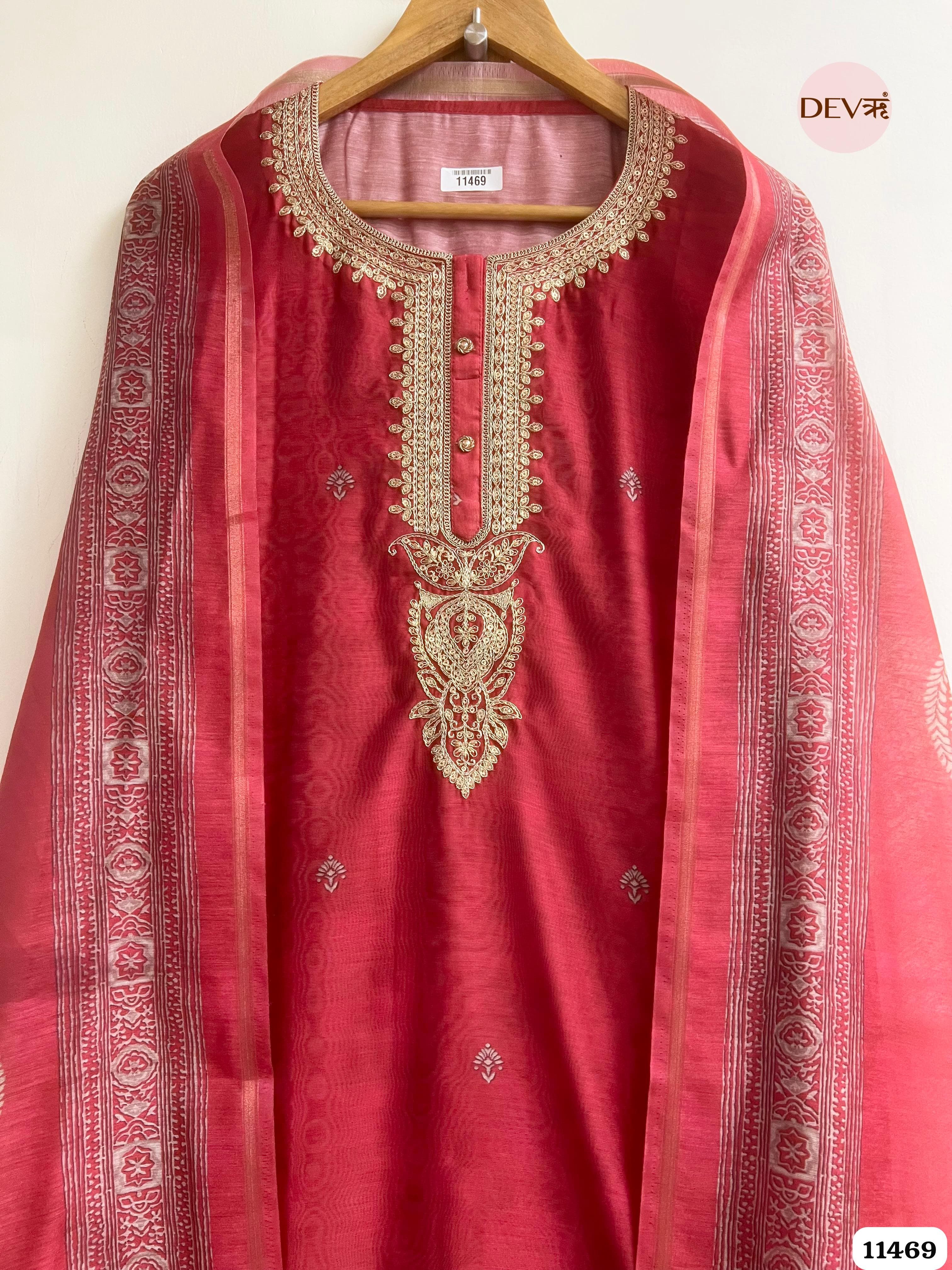 Deep Red Mul chanderi Silk Unstitched Embroidered -Set Of 3