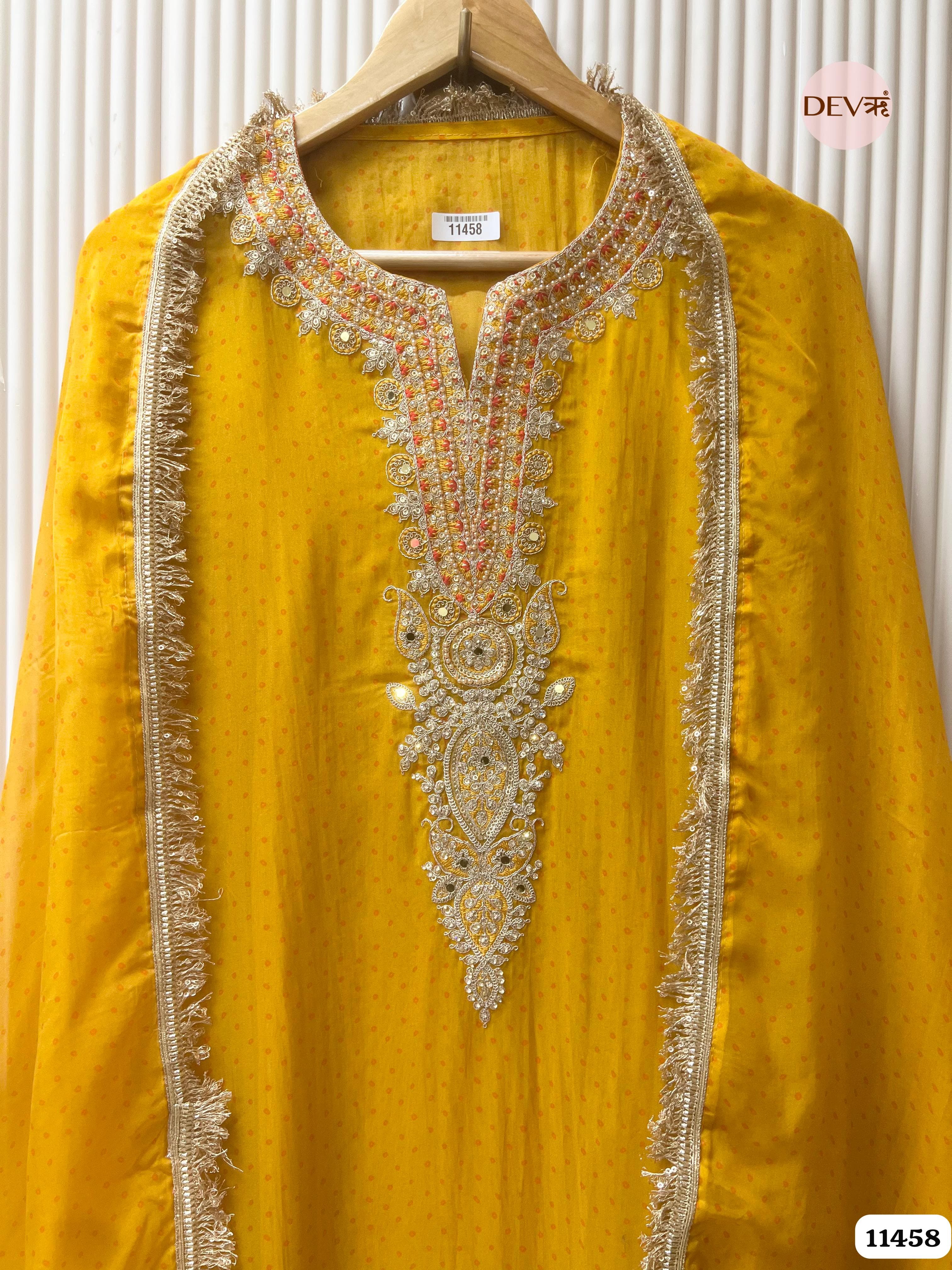 Yellow Organza Printed Hand Embroidered -Set Of 3 {11458}