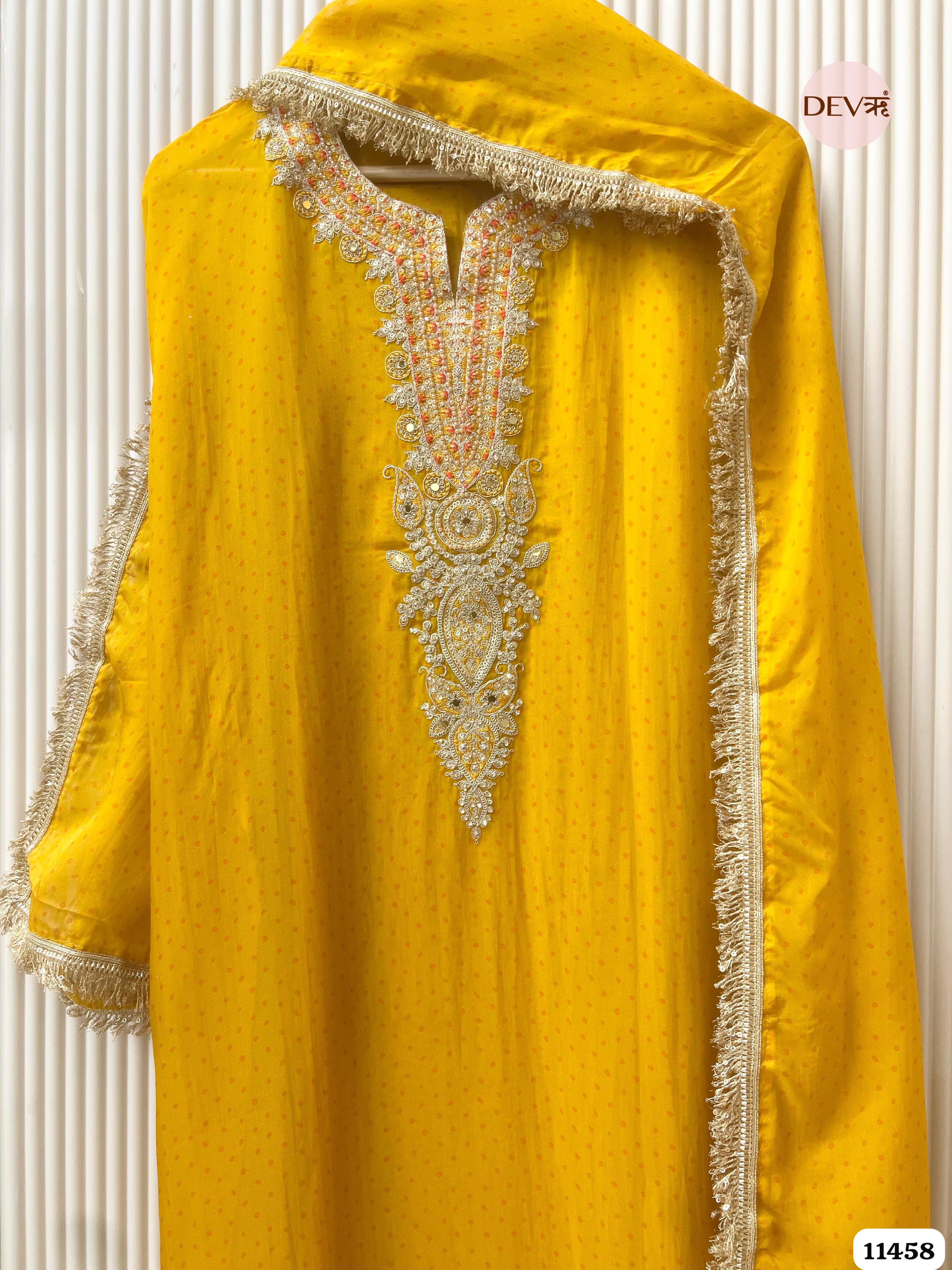 Yellow Organza Printed Hand Embroidered -Set Of 3 {11458}