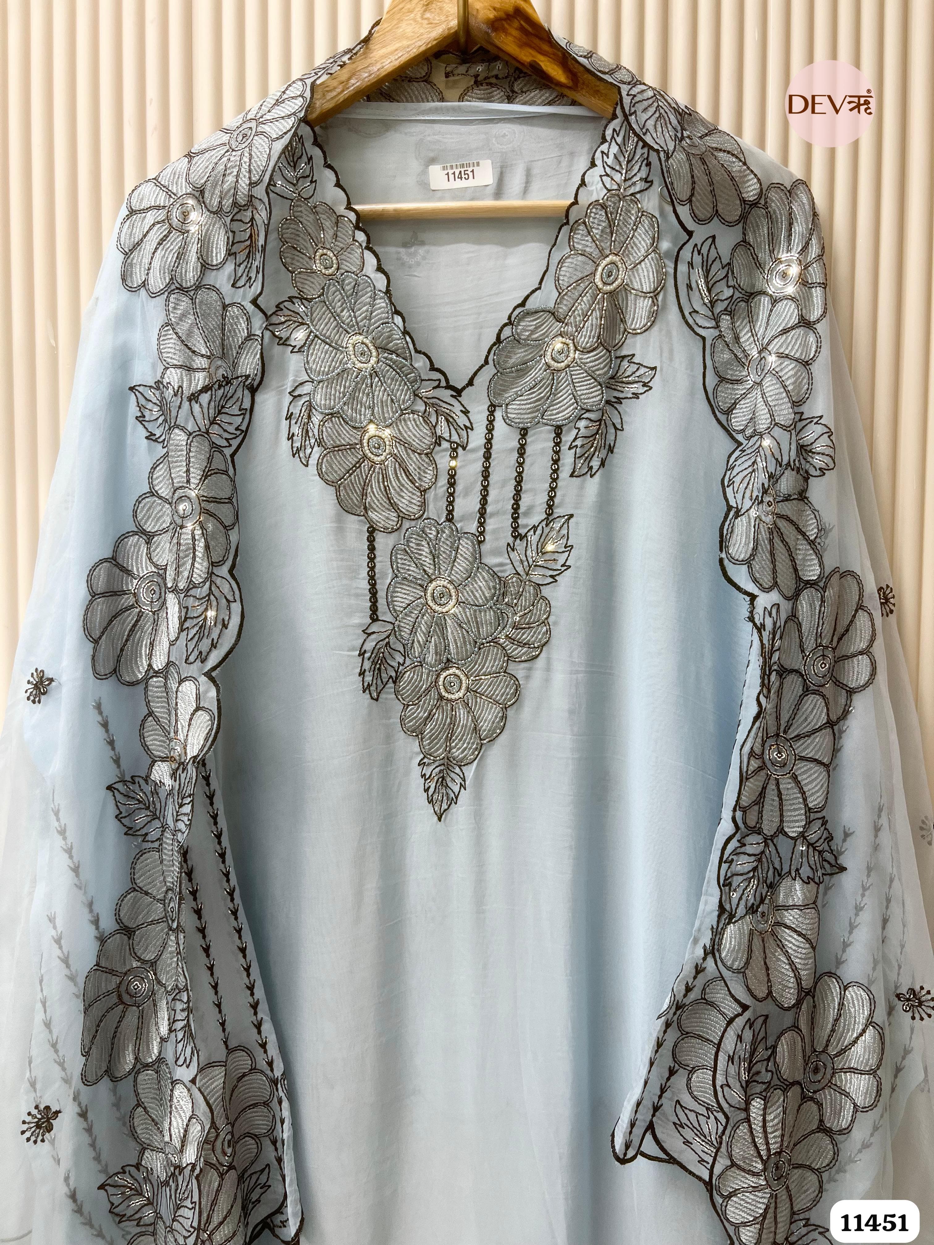 Light Blue Organza Semi-Stitched Hand Embroidered -Set Of 3 {11451}