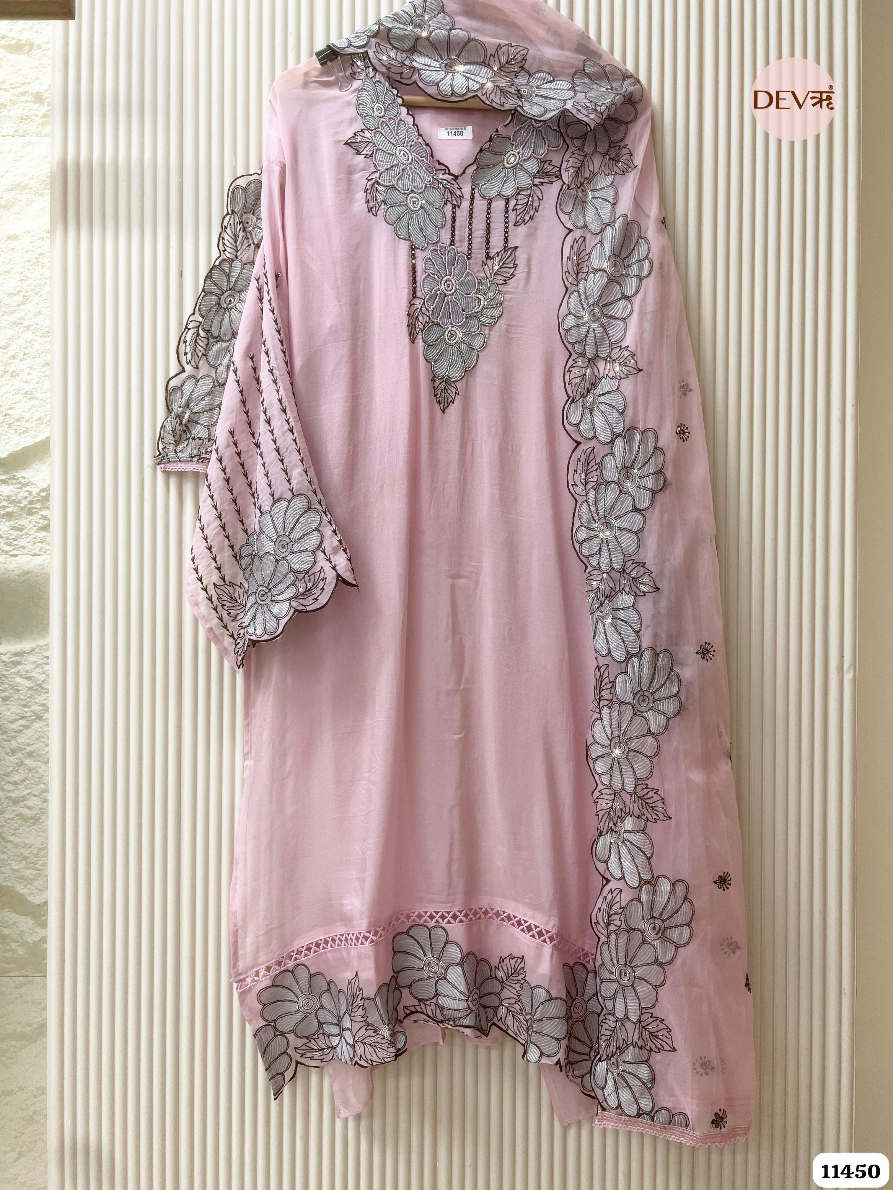 Light Pink Organza Semi-Stitched Hand Embroidered -Set Of 3 {11450}