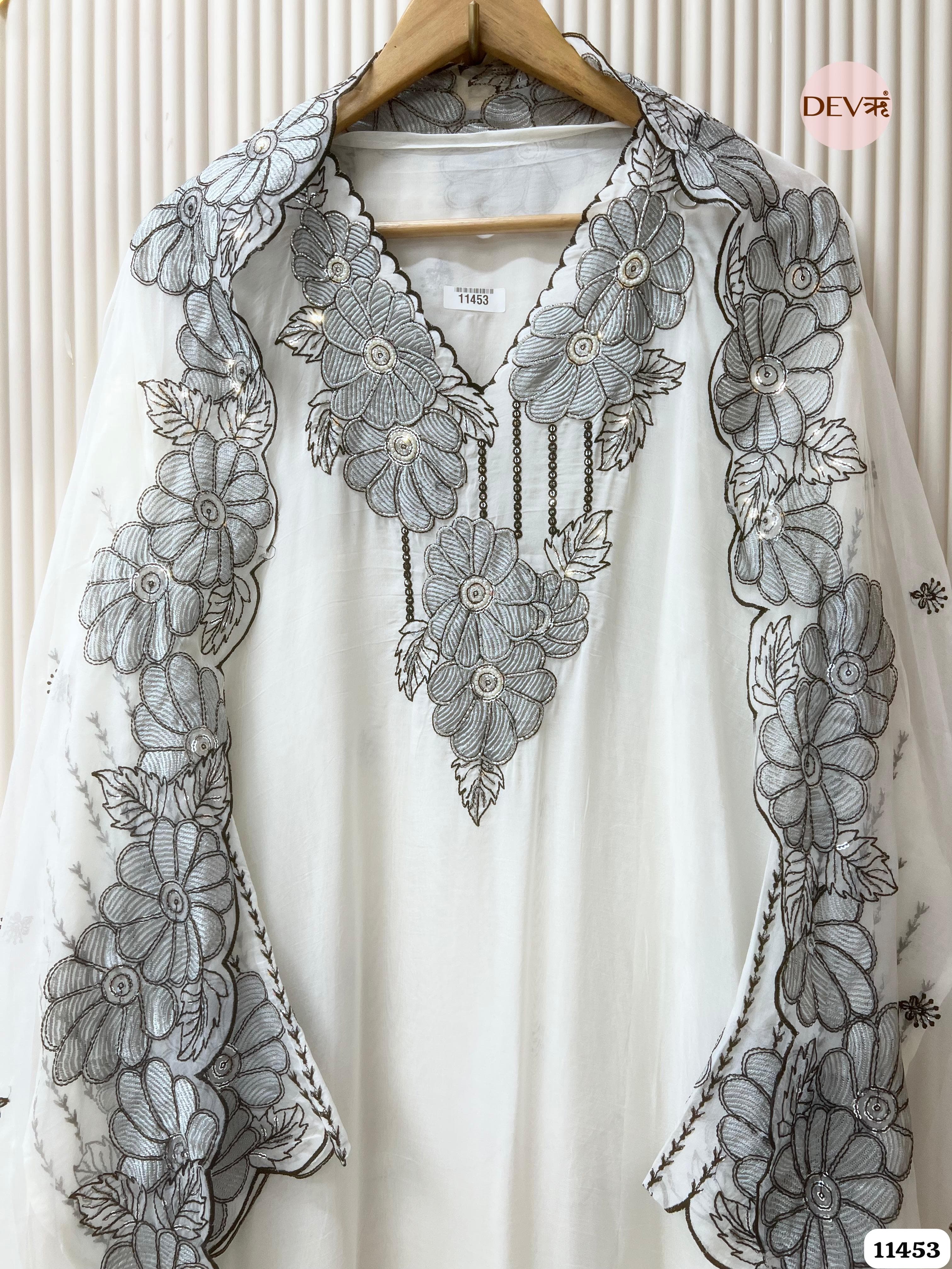 White Organza Semi-Stitched Hand Embroidered -Set Of 3 {11453}