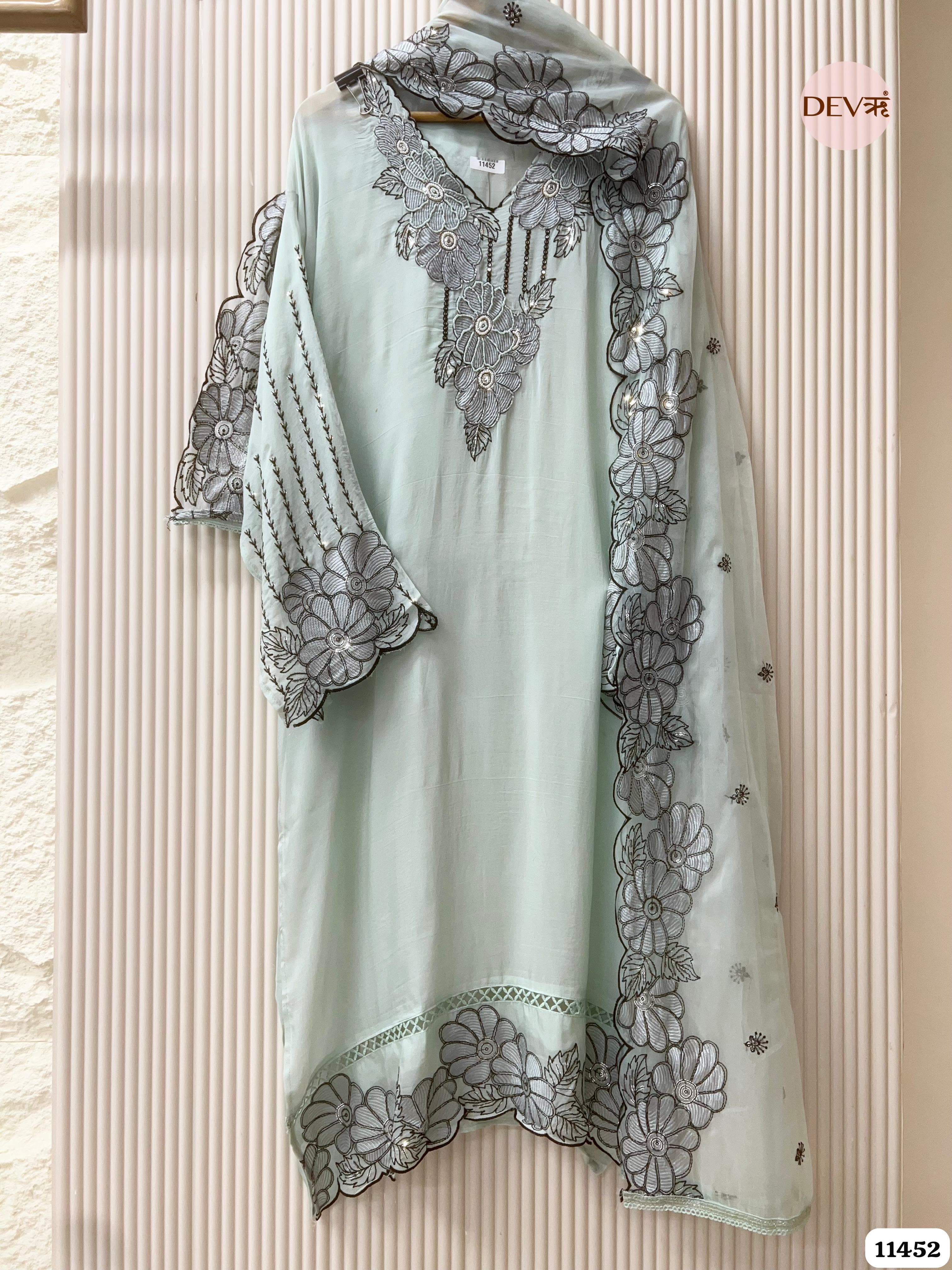 Light Green Organza Semi-Stitched Hand Embroidered -Set Of 3
