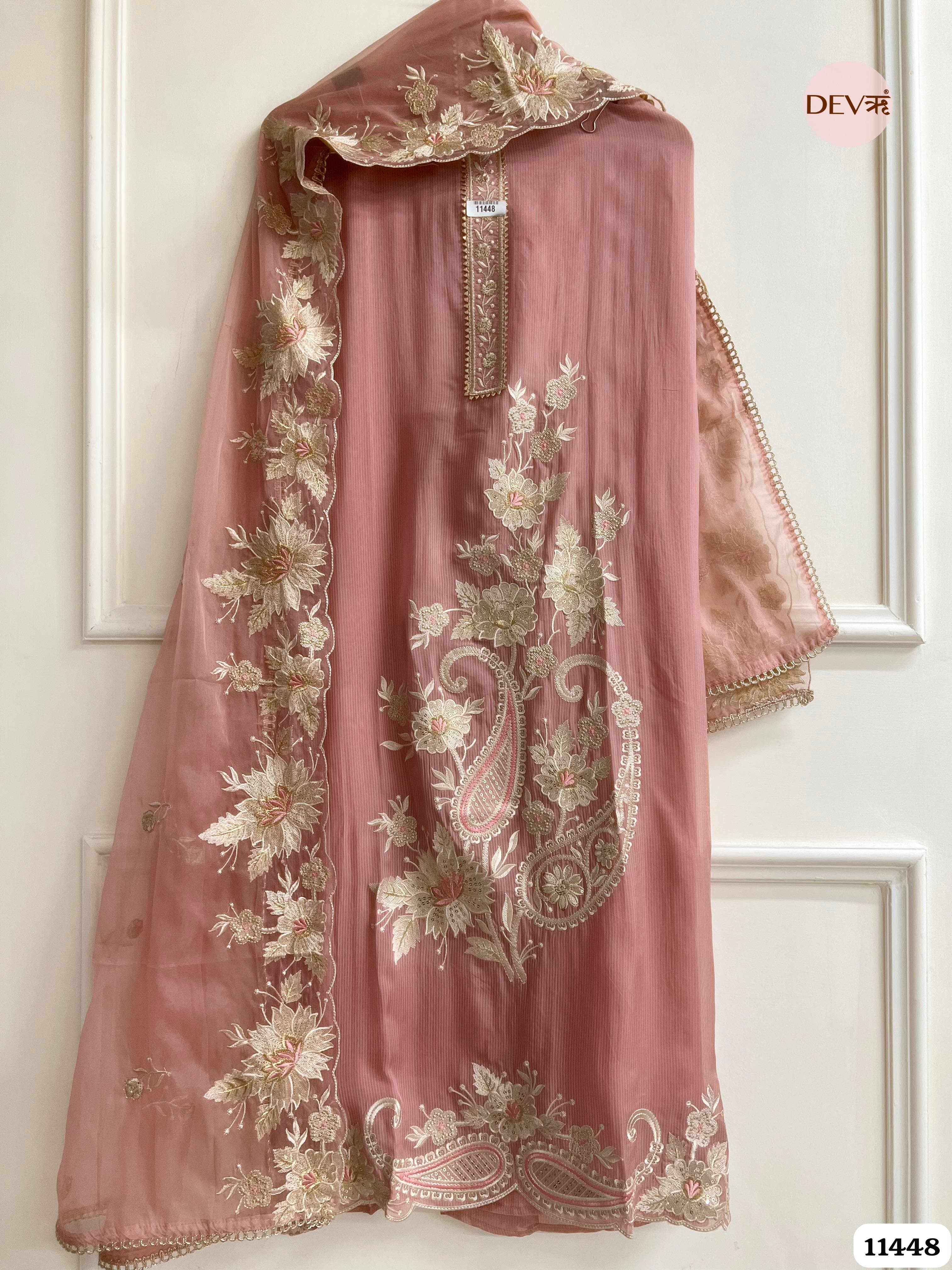 Soft Pink Organza Unstitched Embroidered -Set Of 3 {11448}