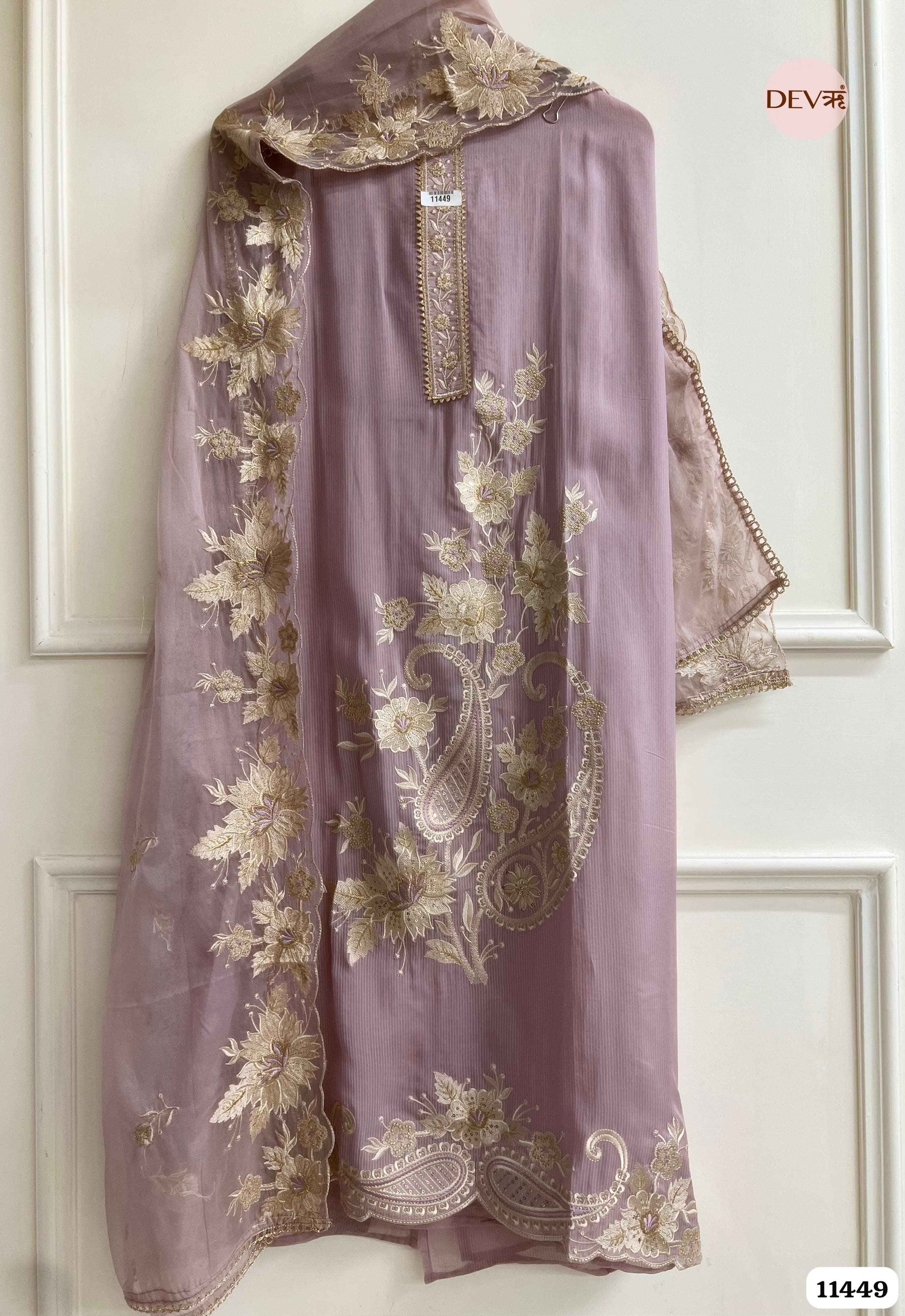 Soft Purple Organza Unstitched Embroidered -Set Of 3 {11449}