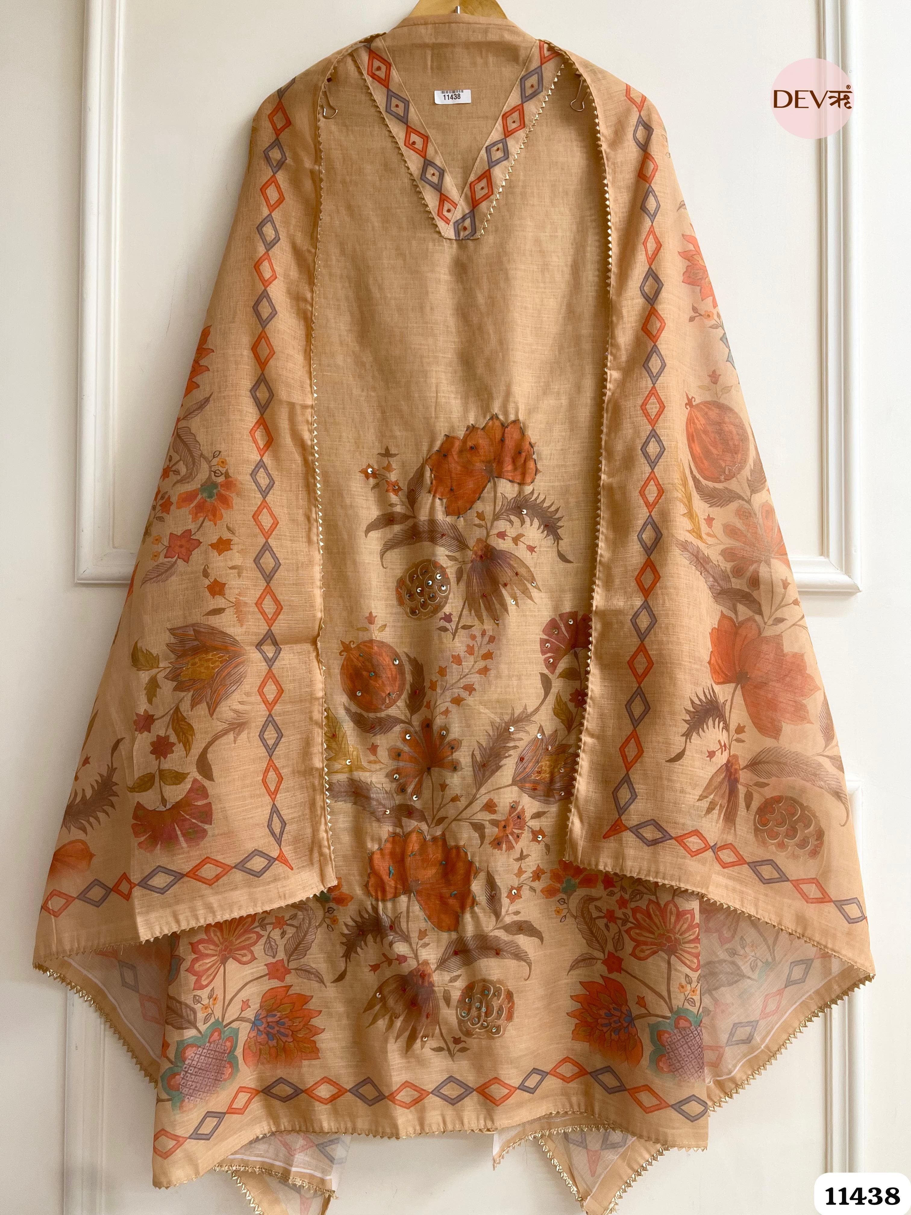 Light Brown Linen Printed Unstitched Hand Embroidered -Set Of 3 {11438}