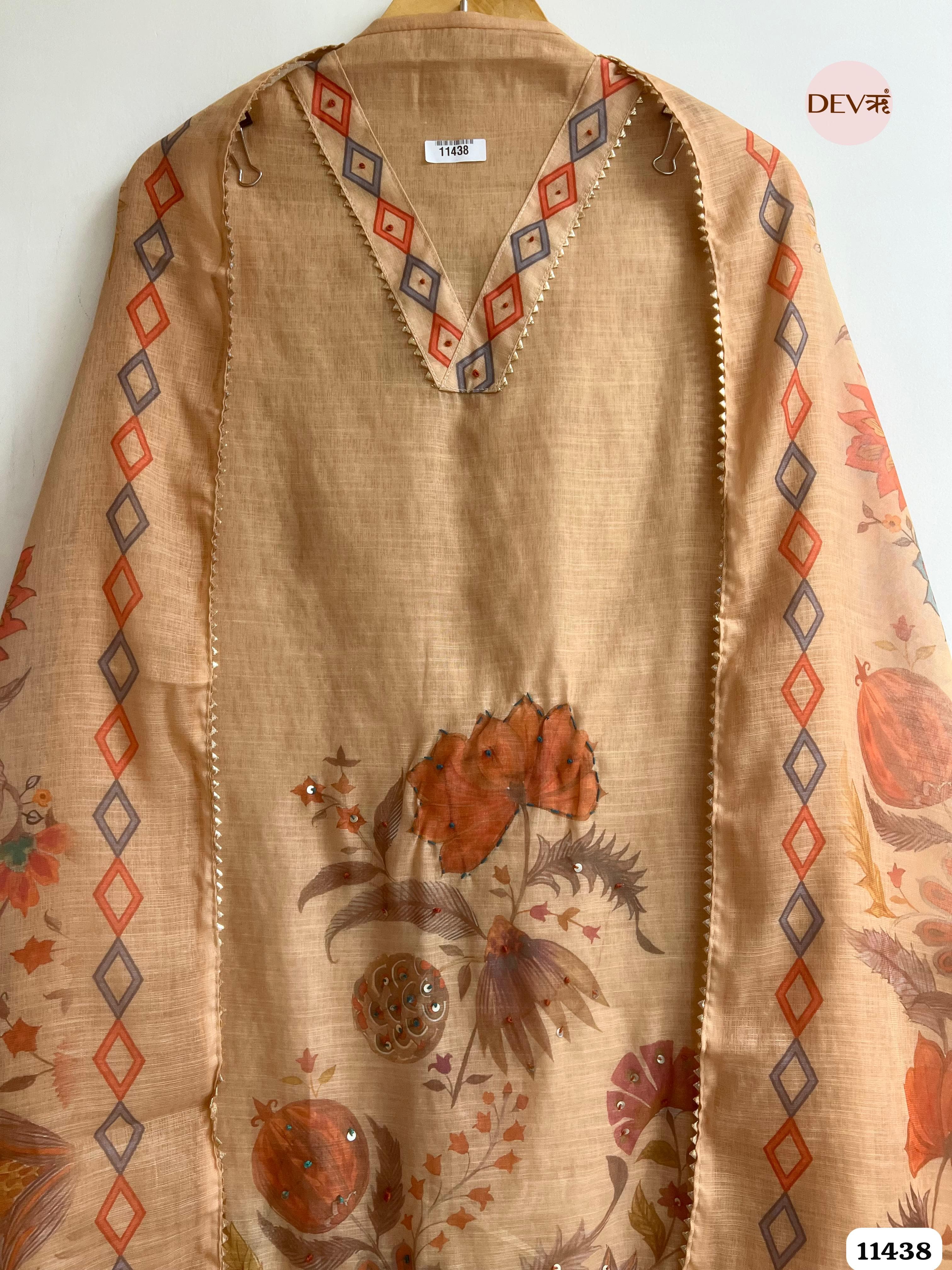 Light Brown Linen Printed Unstitched Hand Embroidered -Set Of 3 {11438}